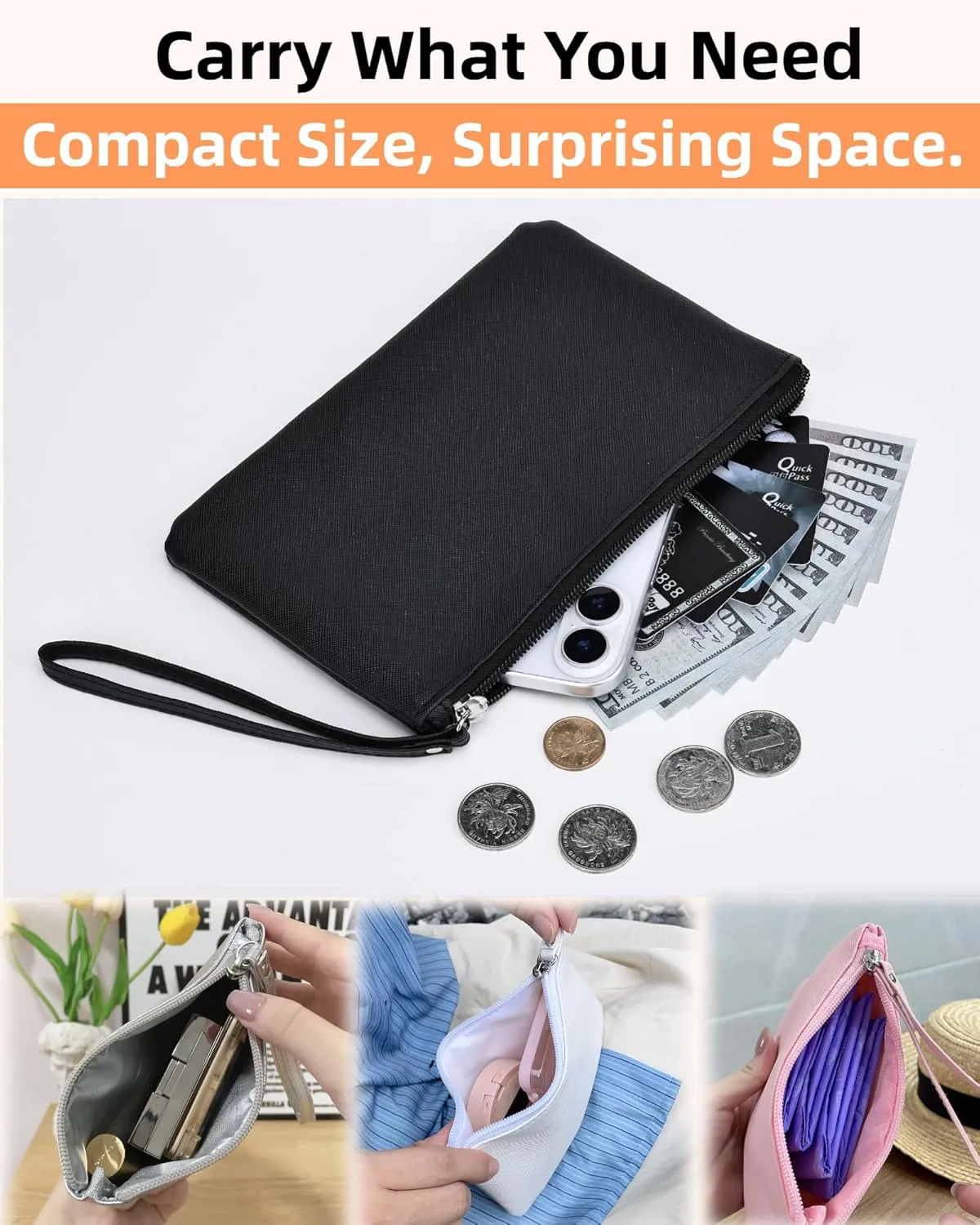 2 Pack Small Zipper Pouch Mini Makeup Bag for Purse Lipstick Cosmetic Travel Make Up Organizer for Women Essentials Feminine Products, Car Change Coin Holder 8x5 Phone Wristlet Wallet, Black, Silver