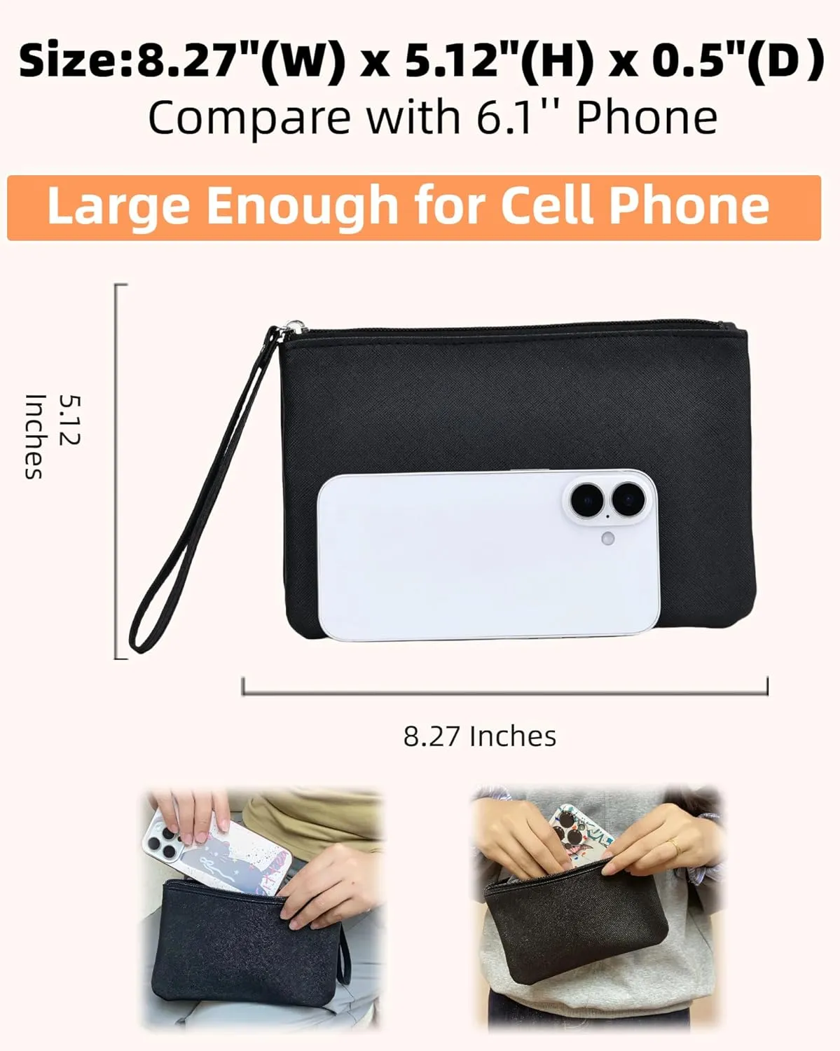 2 Pack Small Zipper Pouch Mini Makeup Bag for Purse Lipstick Cosmetic Travel Make Up Organizer for Women Essentials Feminine Products, Car Change Coin Holder 8x5 Phone Wristlet Wallet, Black, Silver