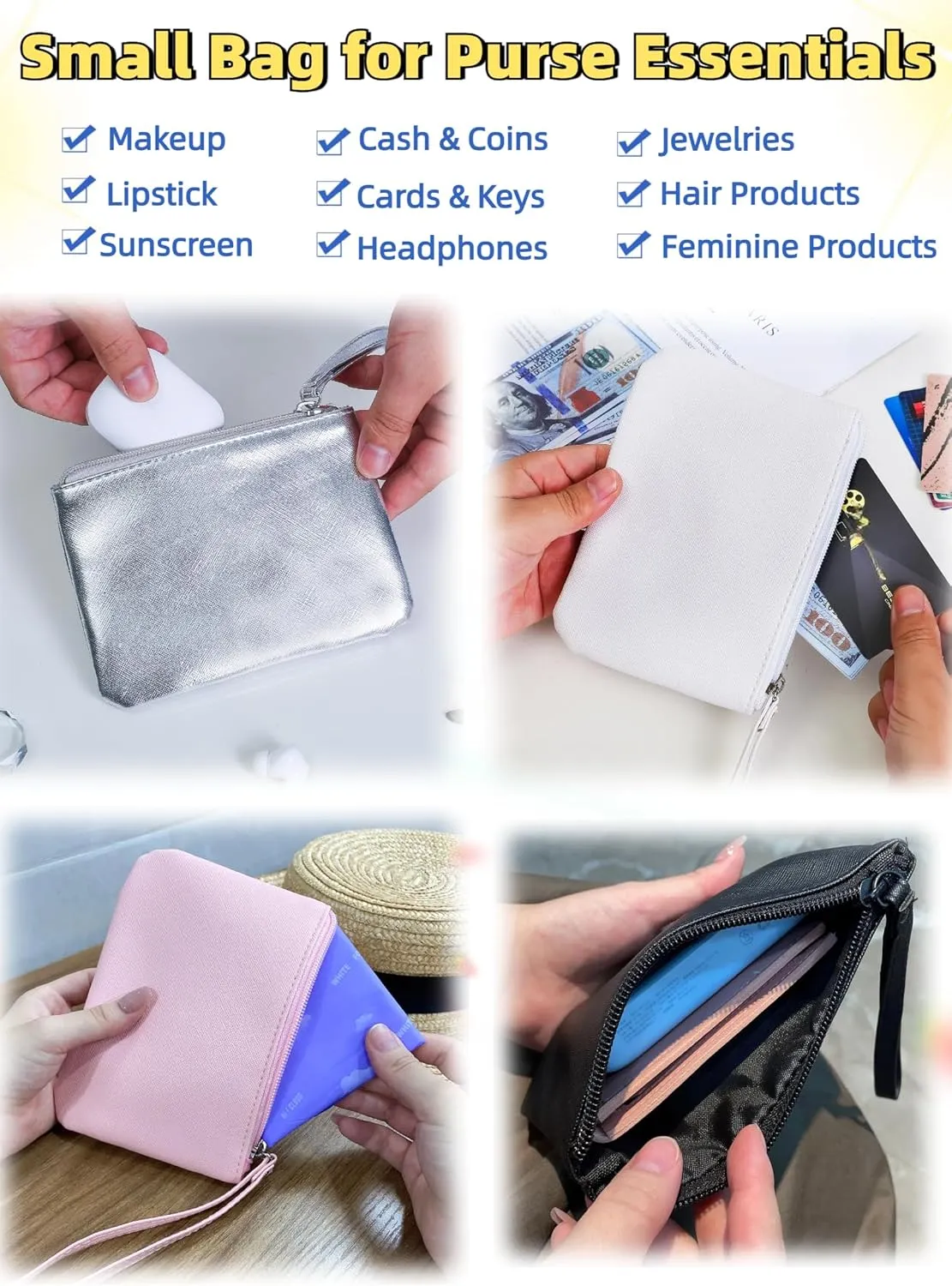 2 Pack Small Zipper Pouch Mini Makeup Bag for Purse Lipstick Cosmetic Travel Make Up Organizer for Women Essentials Feminine Products, Car Change Coin Holder 8x5 Phone Wristlet Wallet, Black, Silver