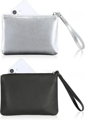 2 Pack Small Zipper Pouch Mini Makeup Bag for Purse Lipstick Cosmetic Travel Make Up Organizer for Women Essentials Feminine Products, Car Change Coin Holder 8x5 Phone Wristlet Wallet, Black, Silver