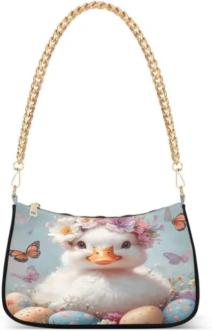 ALAZA Easter Duck Butterfly Egg Chian Shoulder Bag Handbags Tote Mini Clutch Purse Hobo Bag with Zipper Closure for Women