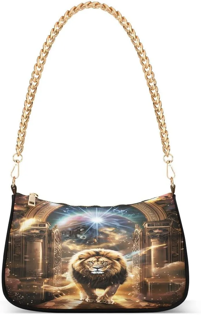 ALAZA Magic Animal Lion Starry Space Chian Shoulder Bag Handbags Tote Mini Clutch Purse Hobo Bag with Zipper Closure for Women