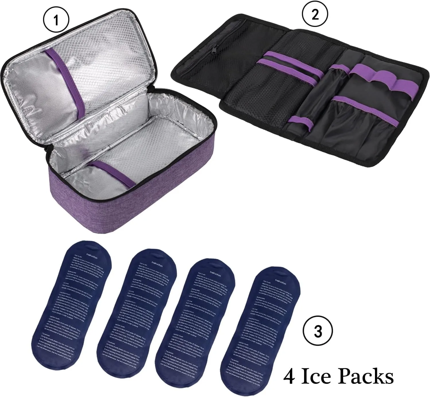 ALLCAMP Insulin Cooler Travel Case for Diabetic Organize Medication with 4 Ice Packs Purple(9X 4.72x 3.14 inches)