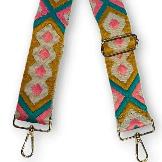 Aztec Embroidered Adjustable Strap, Pink/Gold/Cream