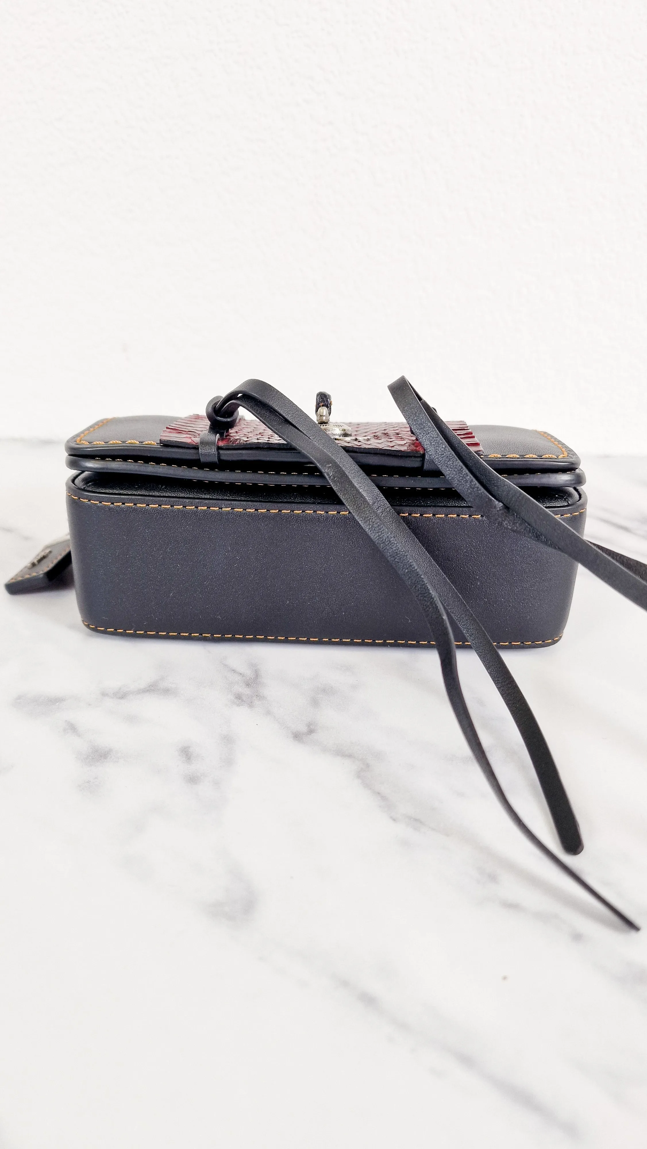 Coach 1941 Dinkier with Whipstitch Snake Trim in Black Smooth Leather With Dark Red Burgundy Snakeskin - Crossbody Bag Clutch Mini Dinky - Coach 86819