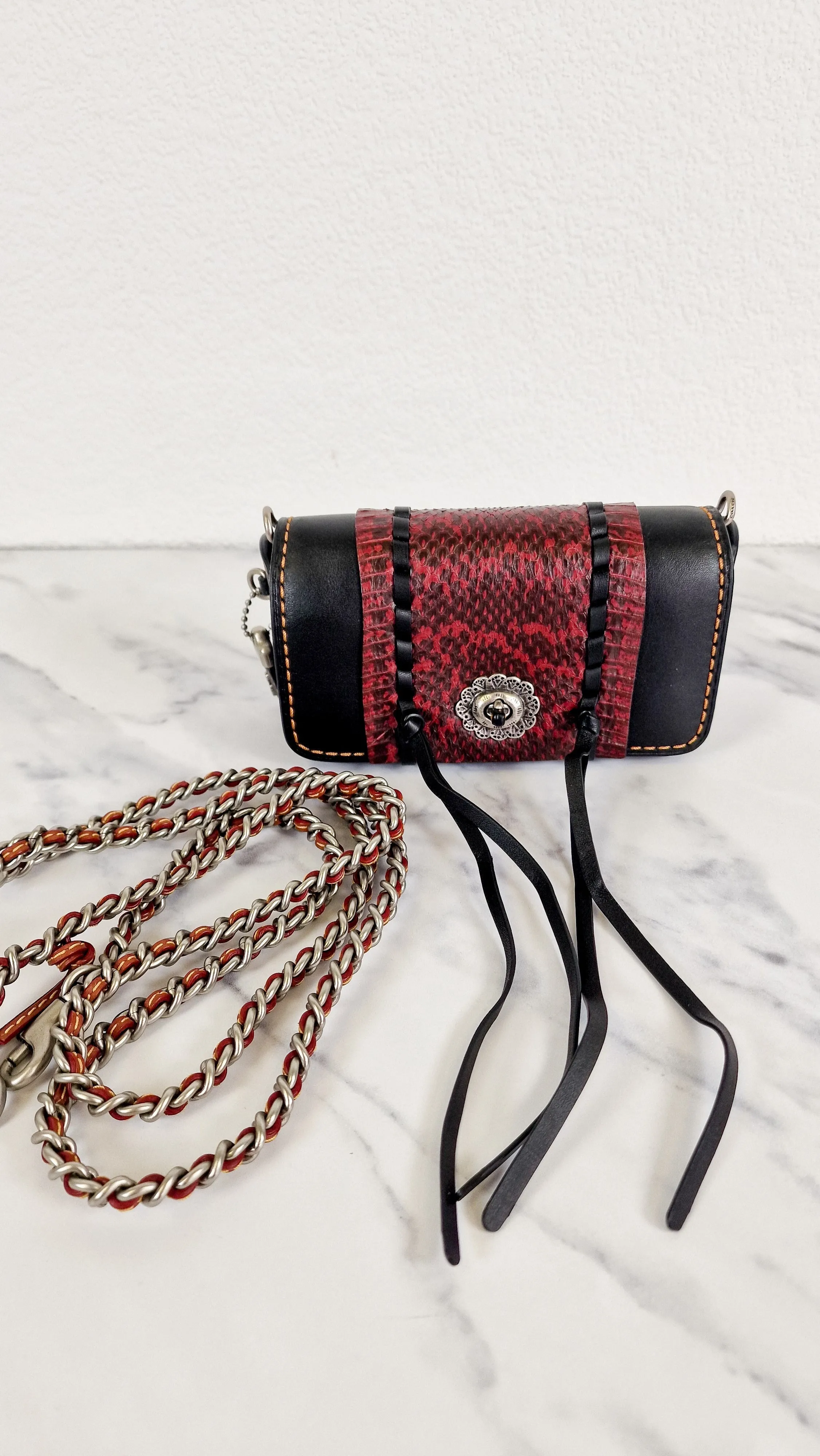 Coach 1941 Dinkier with Whipstitch Snake Trim in Black Smooth Leather With Dark Red Burgundy Snakeskin - Crossbody Bag Clutch Mini Dinky - Coach 86819
