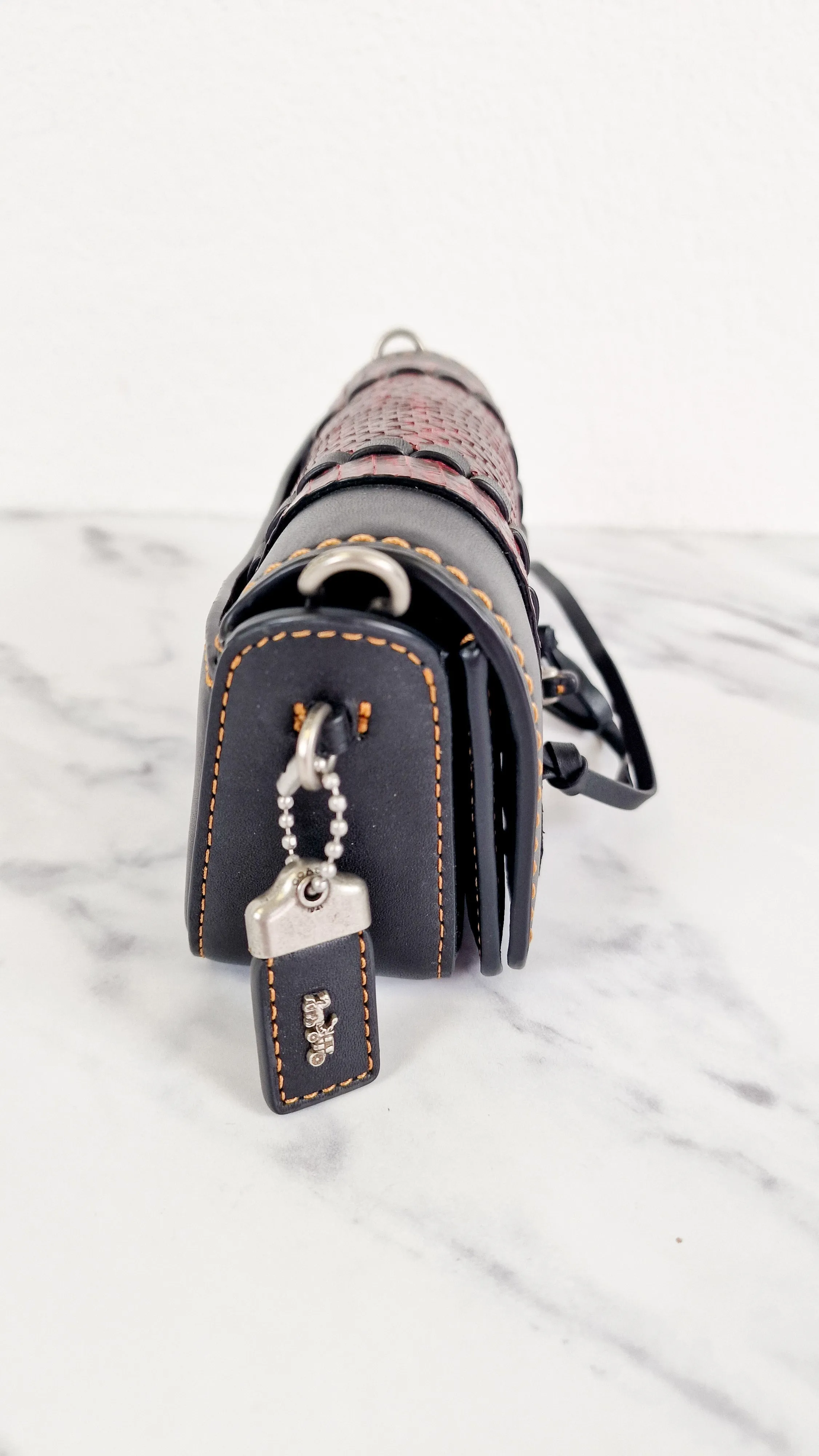 Coach 1941 Dinkier with Whipstitch Snake Trim in Black Smooth Leather With Dark Red Burgundy Snakeskin - Crossbody Bag Clutch Mini Dinky - Coach 86819