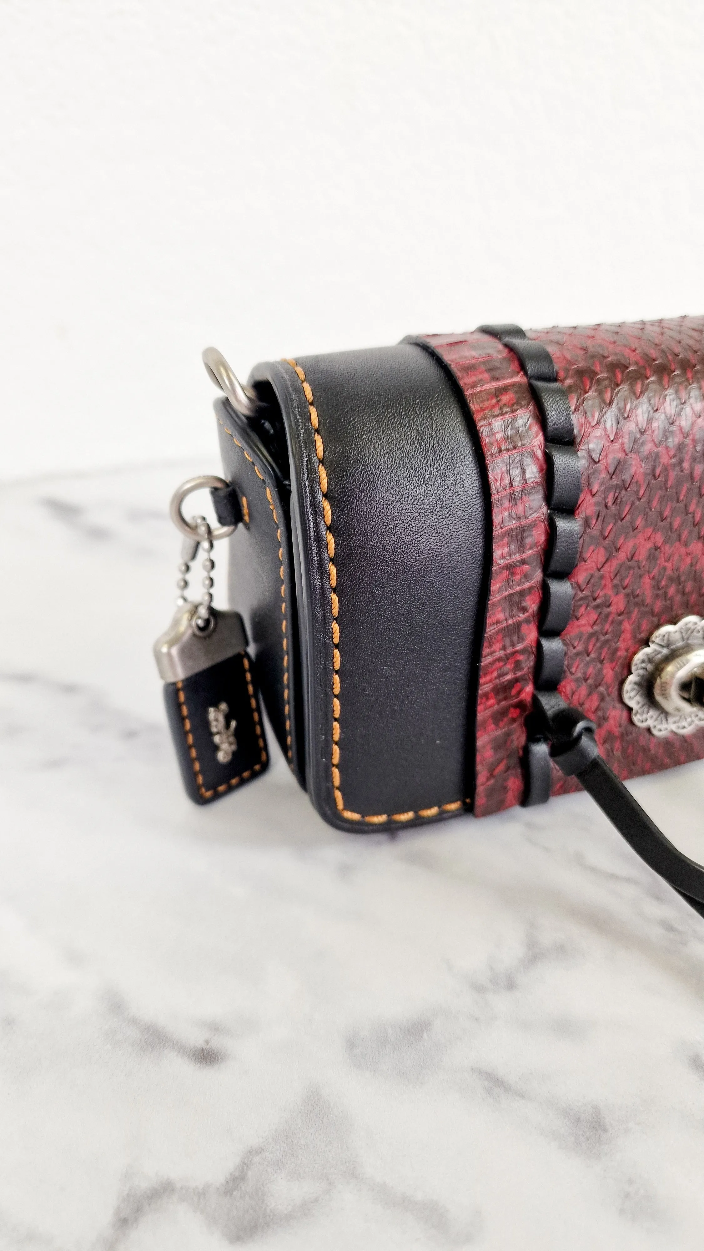 Coach 1941 Dinkier with Whipstitch Snake Trim in Black Smooth Leather With Dark Red Burgundy Snakeskin - Crossbody Bag Clutch Mini Dinky - Coach 86819