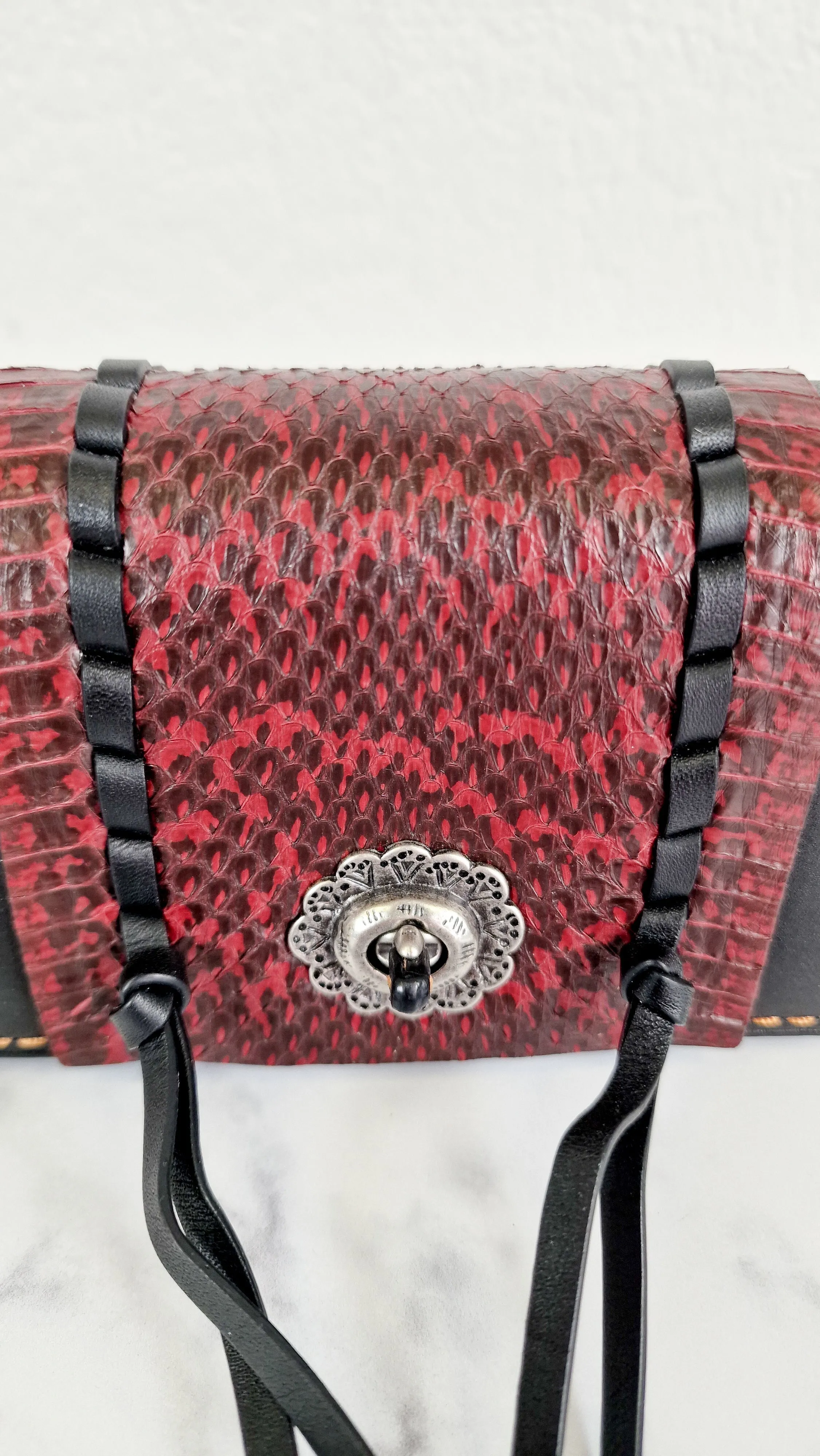 Coach 1941 Dinkier with Whipstitch Snake Trim in Black Smooth Leather With Dark Red Burgundy Snakeskin - Crossbody Bag Clutch Mini Dinky - Coach 86819