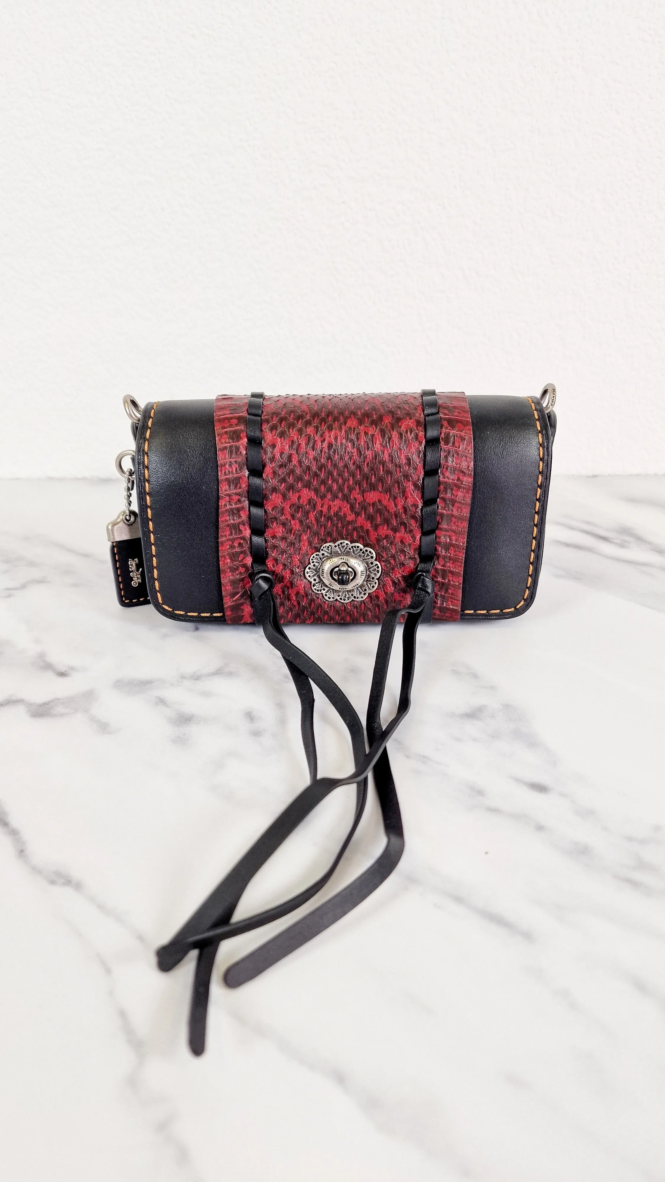 Coach 1941 Dinkier with Whipstitch Snake Trim in Black Smooth Leather With Dark Red Burgundy Snakeskin - Crossbody Bag Clutch Mini Dinky - Coach 86819