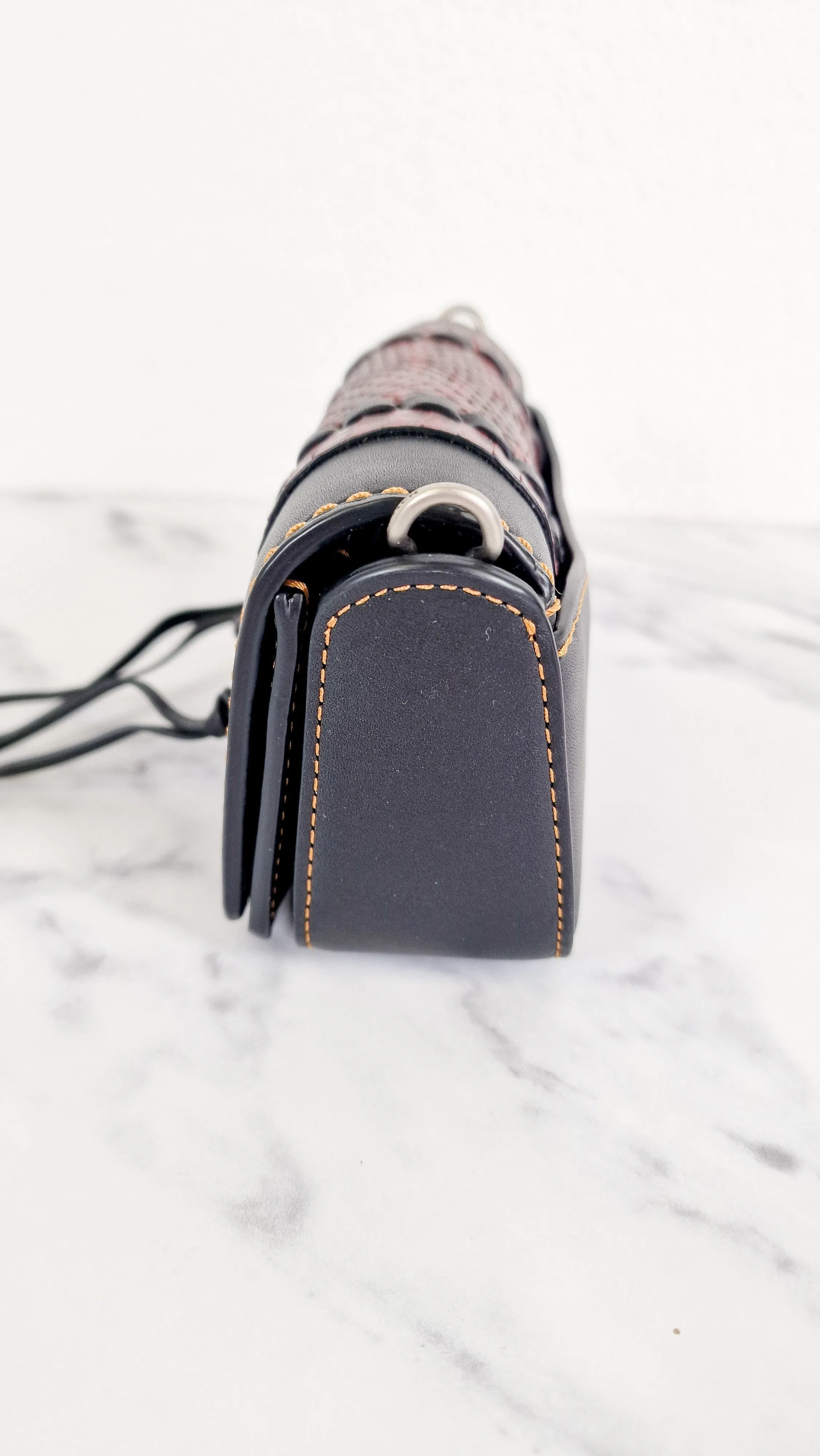 Coach 1941 Dinkier with Whipstitch Snake Trim in Black Smooth Leather With Dark Red Burgundy Snakeskin - Crossbody Bag Clutch Mini Dinky - Coach 86819