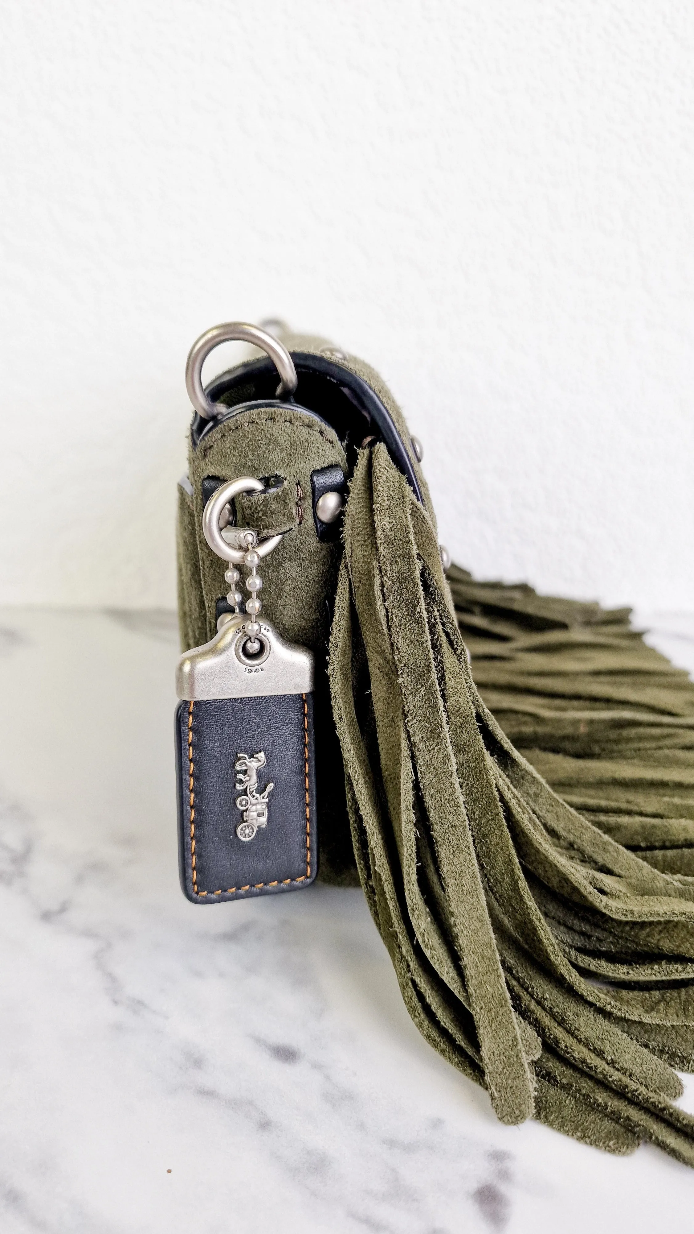 Coach 1941 Dinky in Fern Green Cervo Suede with Fringe & Light Antique Nickel Concho Turnlock - Crossbody Bag Shoulder Bag - Coach 86821