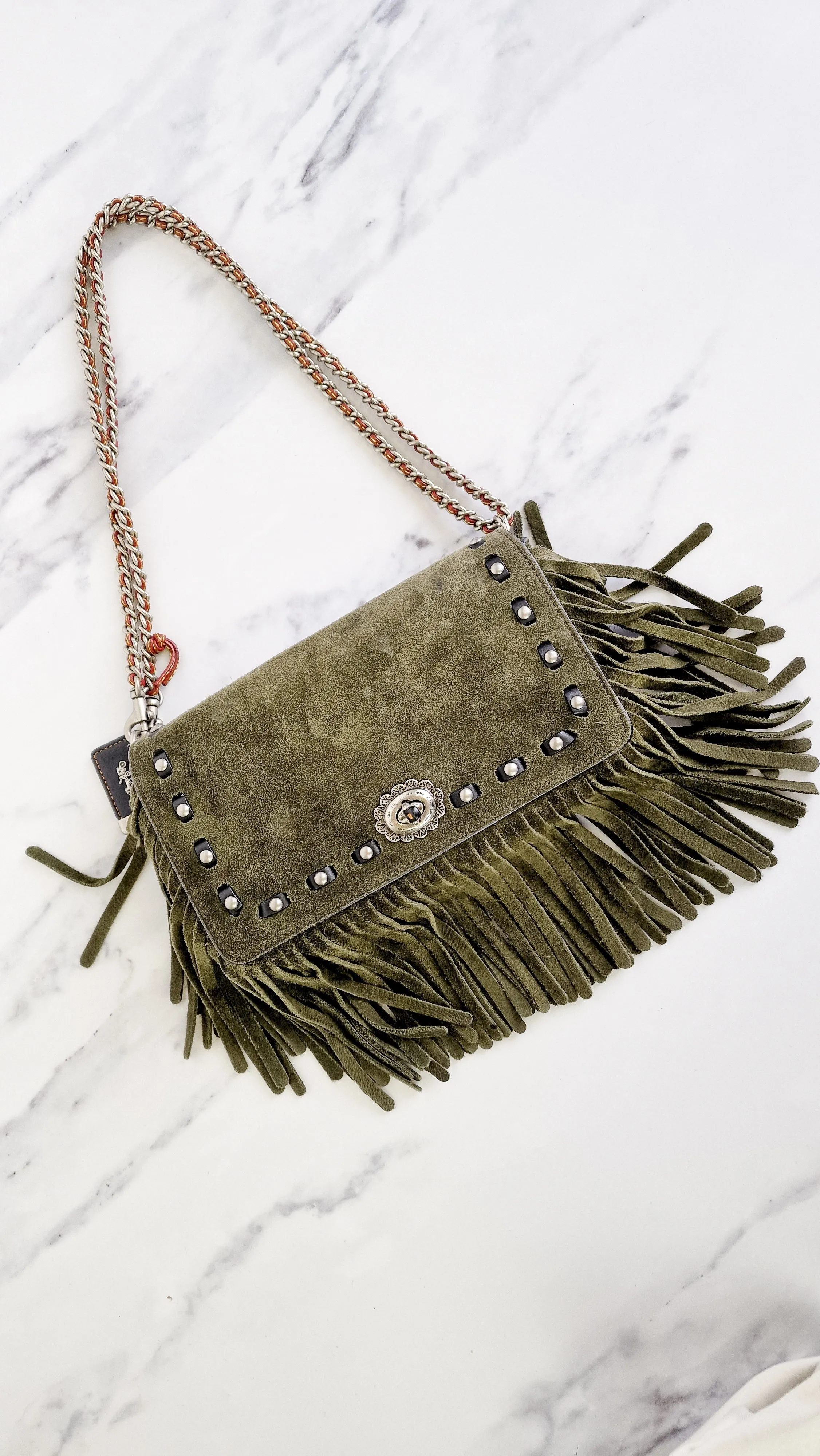 Coach 1941 Dinky in Fern Green Cervo Suede with Fringe & Light Antique Nickel Concho Turnlock - Crossbody Bag Shoulder Bag - Coach 86821