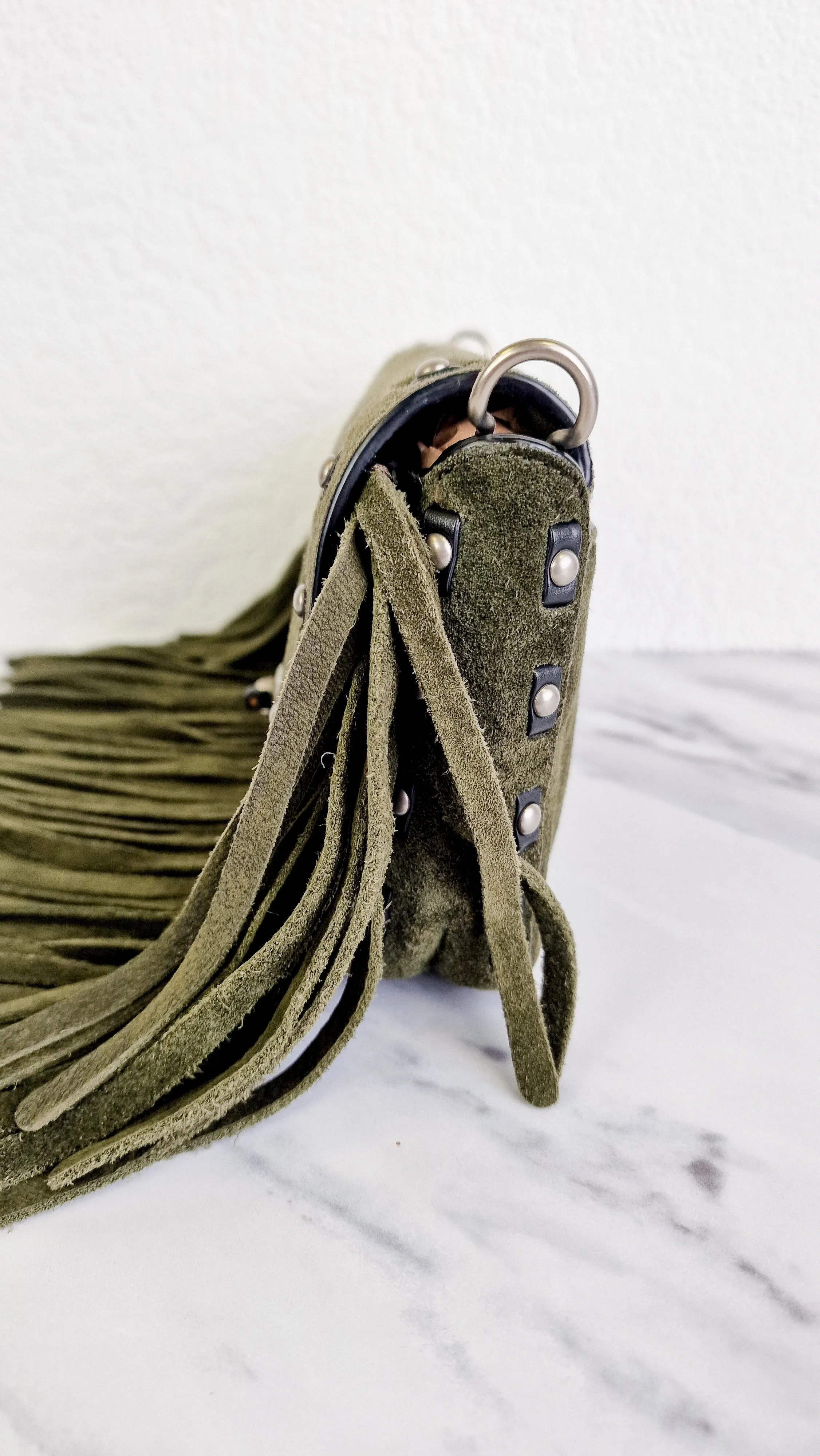Coach 1941 Dinky in Fern Green Cervo Suede with Fringe & Light Antique Nickel Concho Turnlock - Crossbody Bag Shoulder Bag - Coach 86821