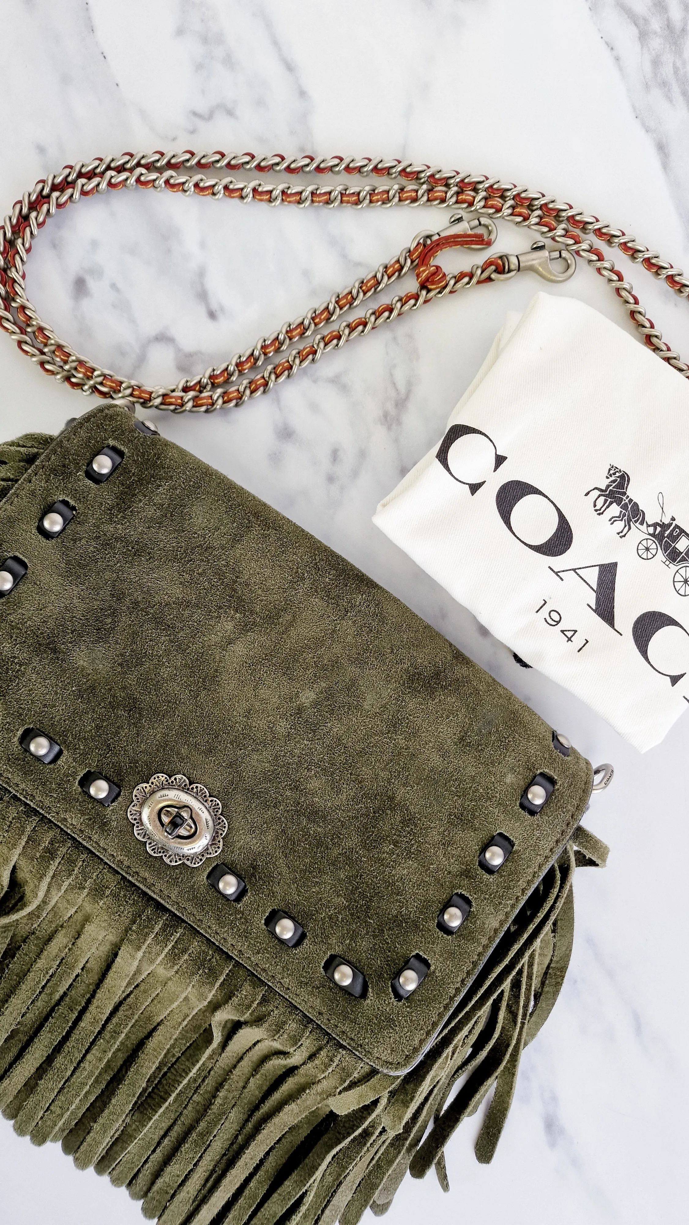 Coach 1941 Dinky in Fern Green Cervo Suede with Fringe & Light Antique Nickel Concho Turnlock - Crossbody Bag Shoulder Bag - Coach 86821