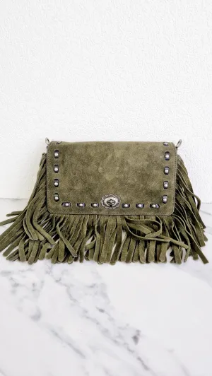 Coach 1941 Dinky in Fern Green Cervo Suede with Fringe & Light Antique Nickel Concho Turnlock - Crossbody Bag Shoulder Bag - Coach 86821