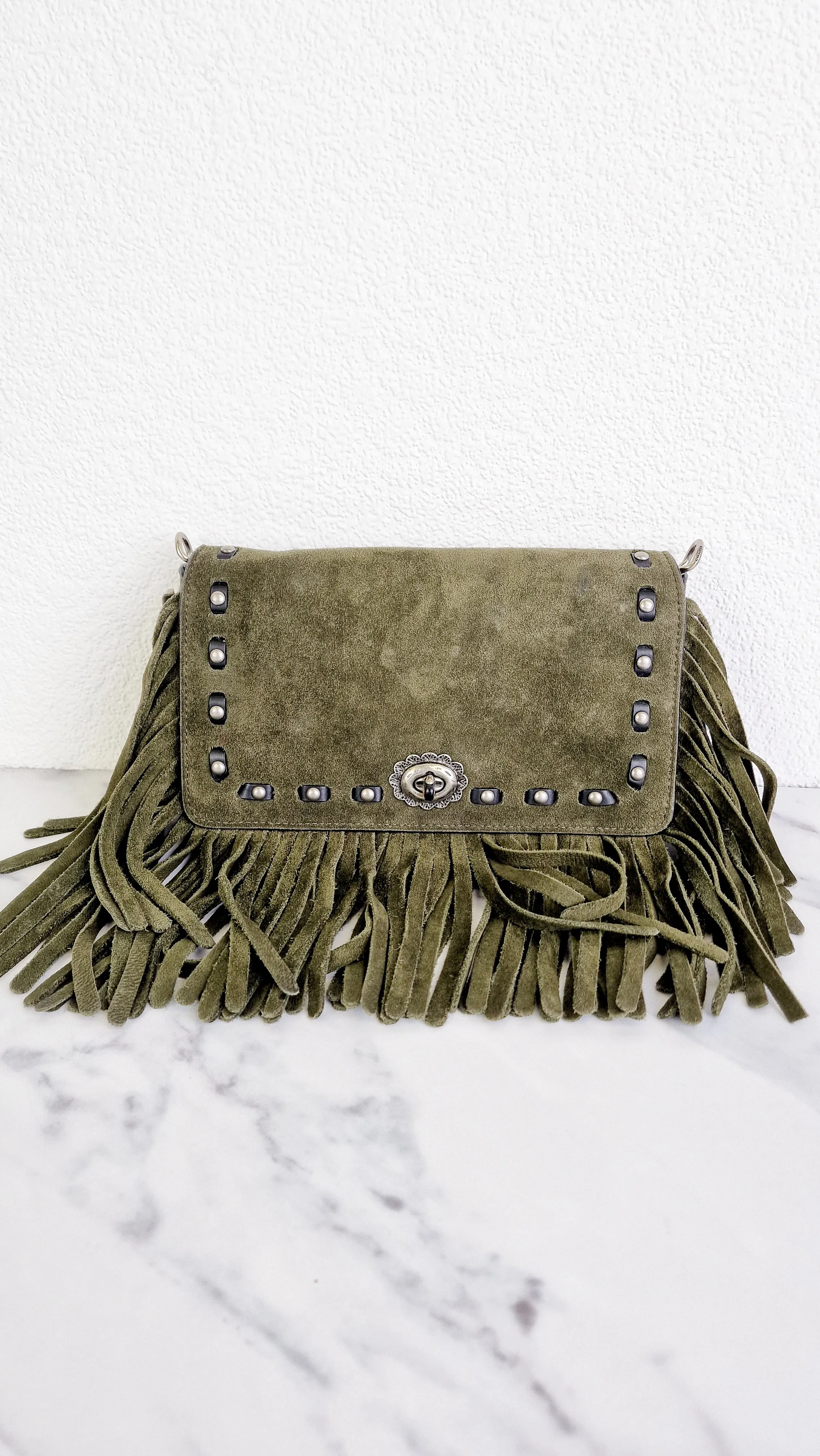 Coach 1941 Dinky in Fern Green Cervo Suede with Fringe & Light Antique Nickel Concho Turnlock - Crossbody Bag Shoulder Bag - Coach 86821