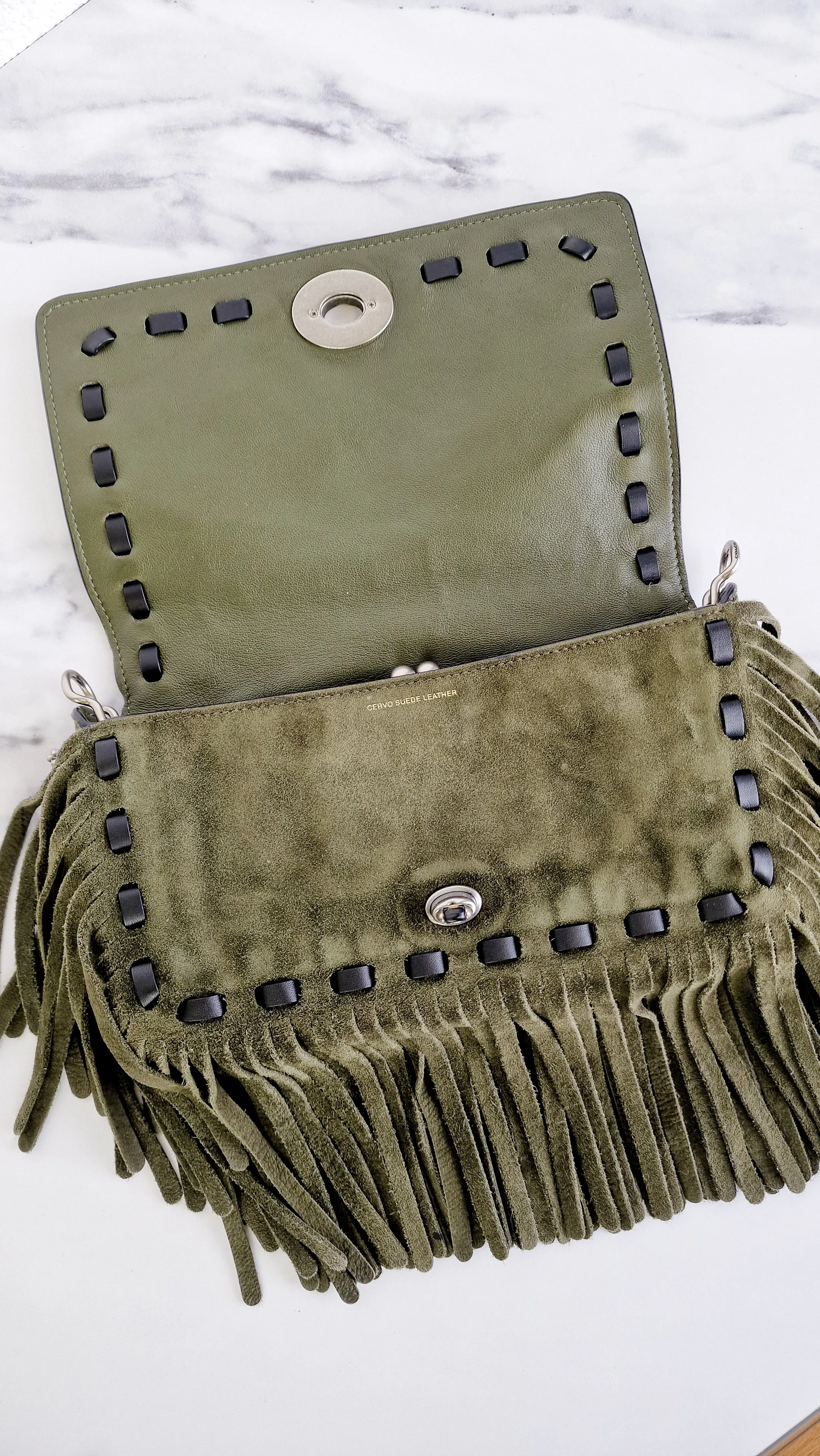 Coach 1941 Dinky in Fern Green Cervo Suede with Fringe & Light Antique Nickel Concho Turnlock - Crossbody Bag Shoulder Bag - Coach 86821