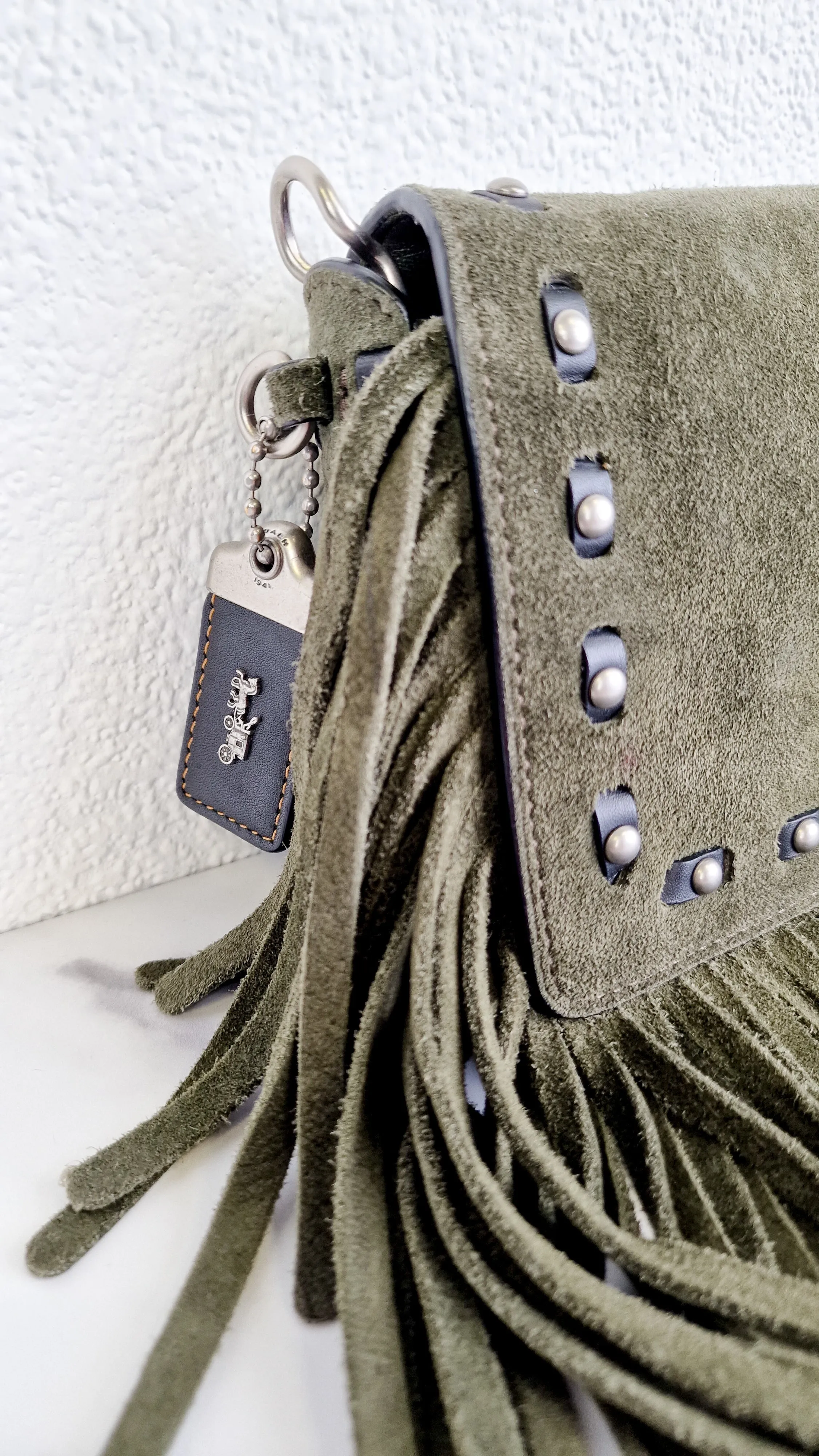 Coach 1941 Dinky in Fern Green Cervo Suede with Fringe & Light Antique Nickel Concho Turnlock - Crossbody Bag Shoulder Bag - Coach 86821