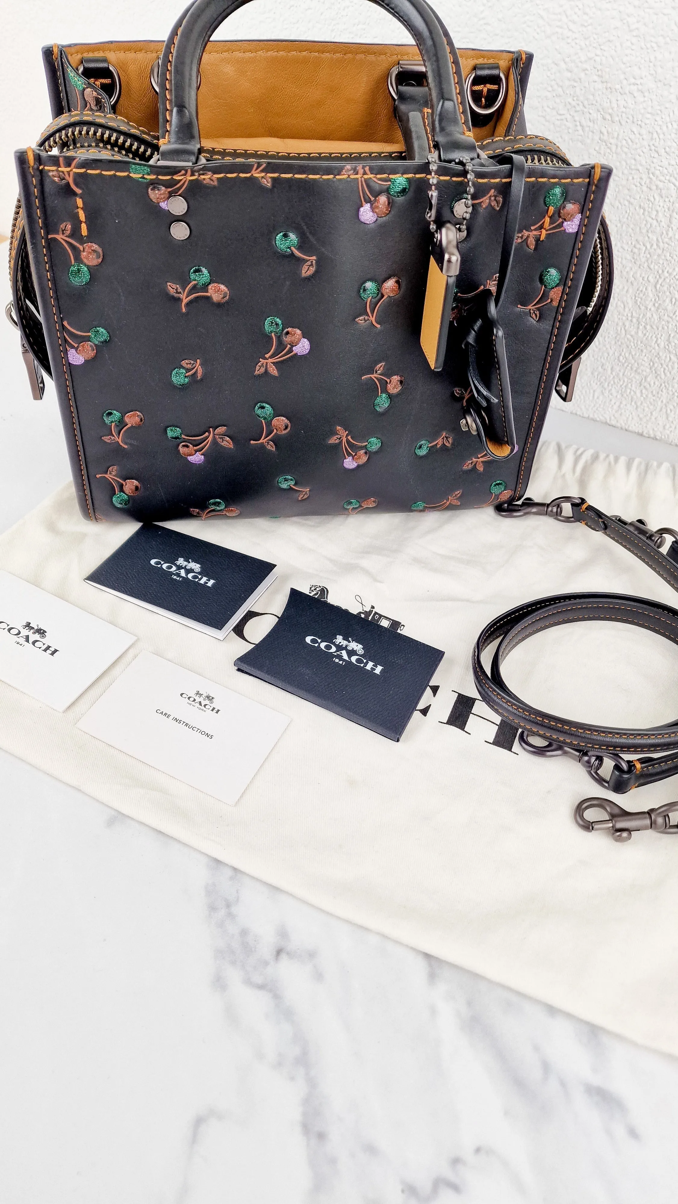 Coach 1941 Rogue 25 in Black with Cherries Cherry Bag - Shoulder Bag Handbag in Smooth Leather - Coach 21636