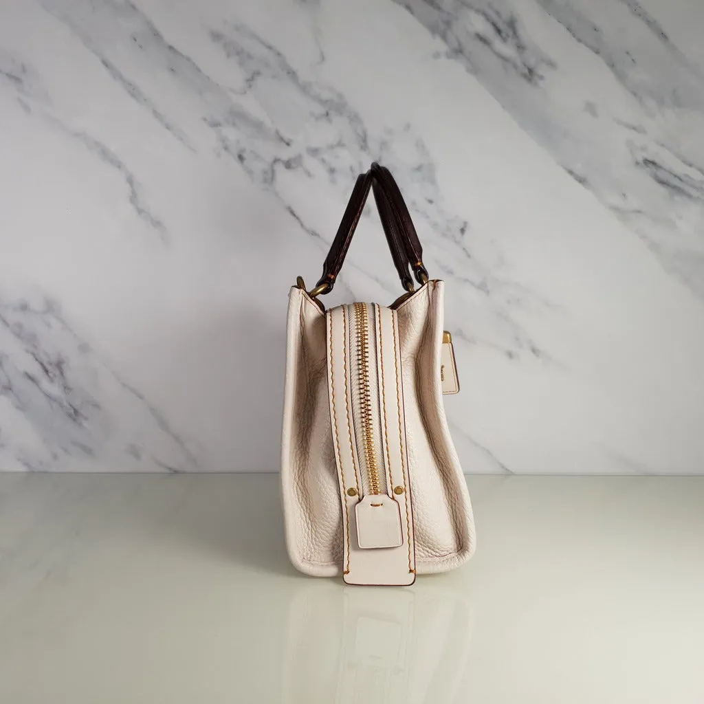 Coach 1941 Rogue 25 in Chalk - Shoulder Bag Handbag in White Pebble Leather Colorblock Oxblood Handles