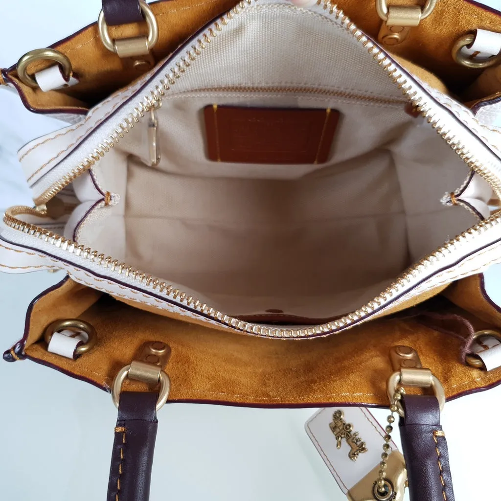 Coach 1941 Rogue 25 in Chalk - Shoulder Bag Handbag in White Pebble Leather Colorblock Oxblood Handles