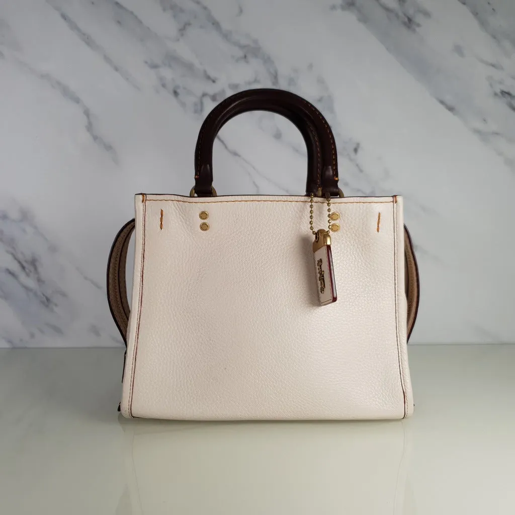Coach 1941 Rogue 25 in Chalk - Shoulder Bag Handbag in White Pebble Leather Colorblock Oxblood Handles
