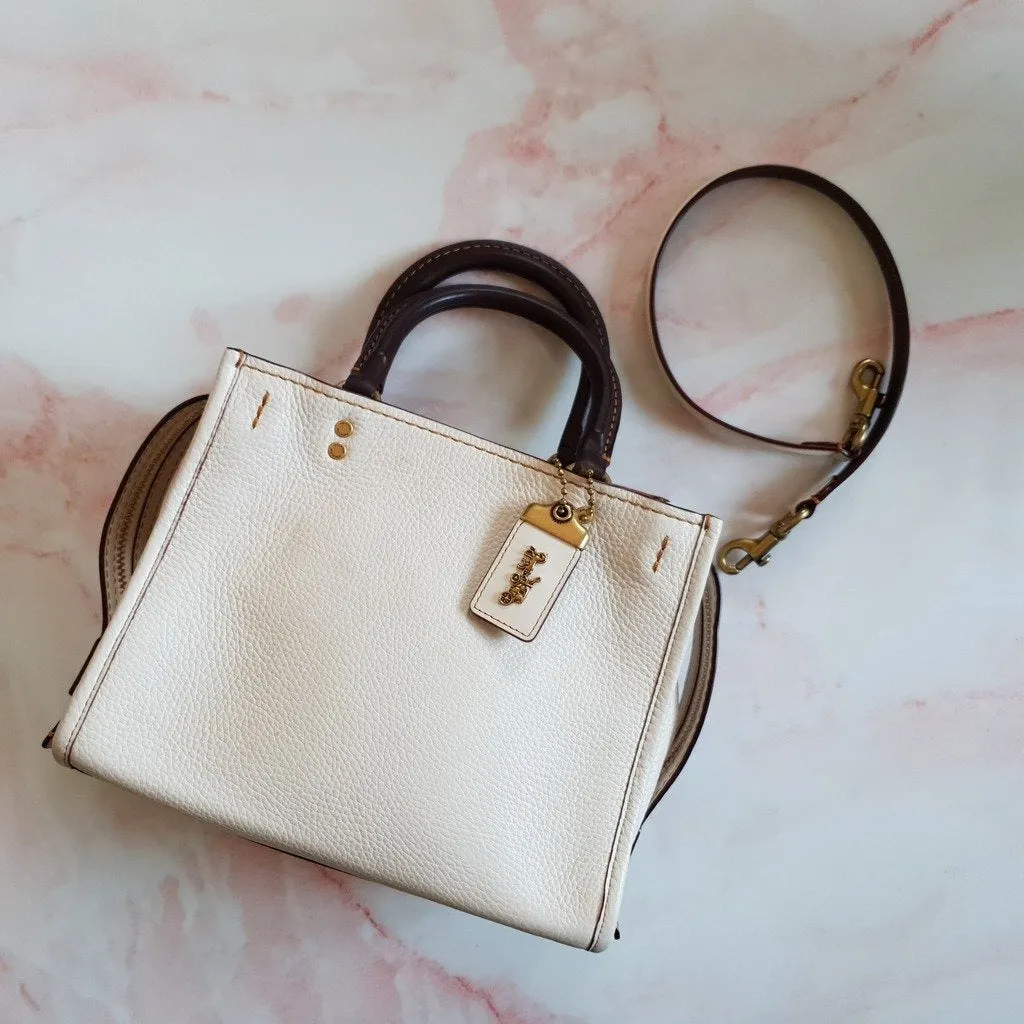 Coach 1941 Rogue 25 in Chalk - Shoulder Bag Handbag in White Pebble Leather Colorblock Oxblood Handles