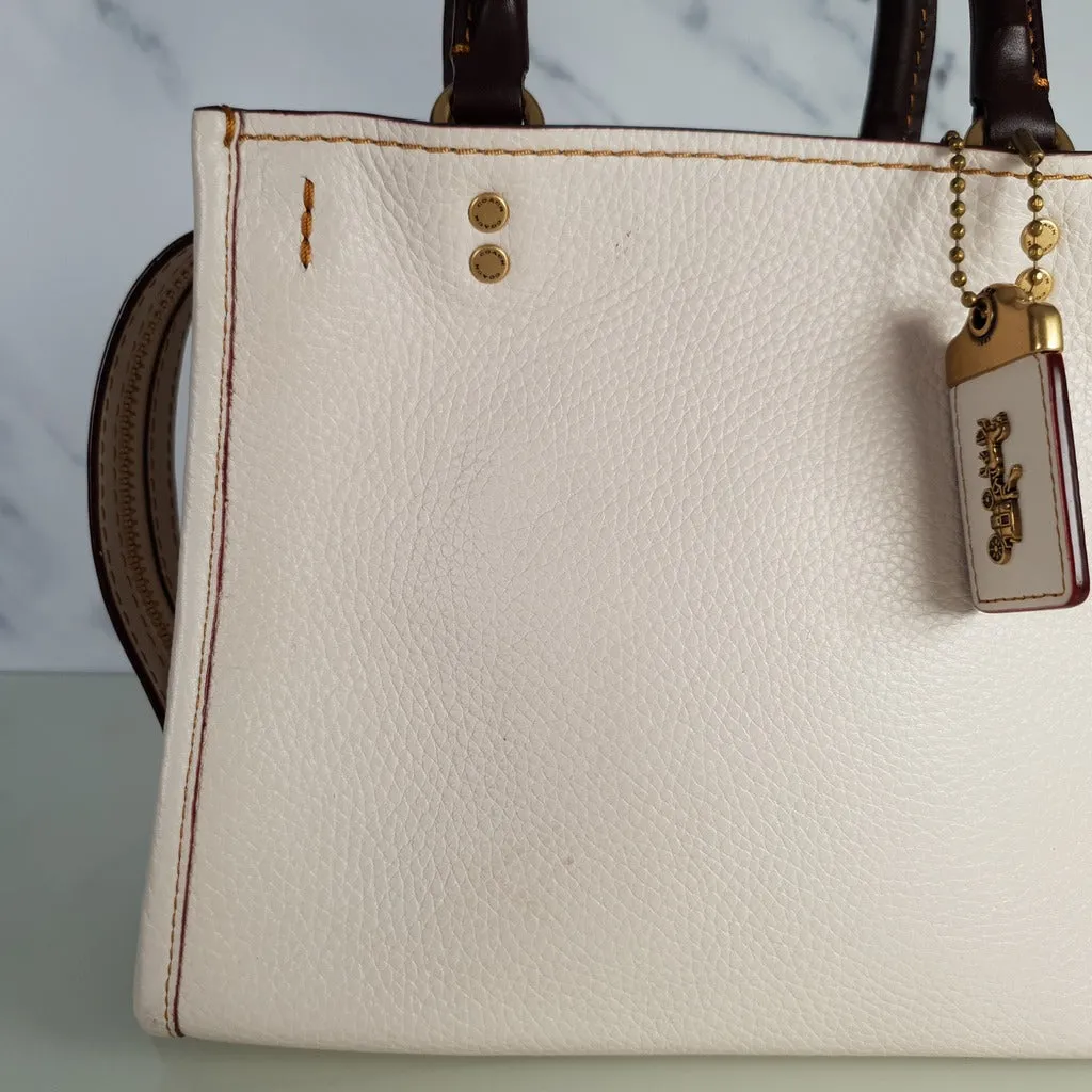 Coach 1941 Rogue 25 in Chalk - Shoulder Bag Handbag in White Pebble Leather Colorblock Oxblood Handles