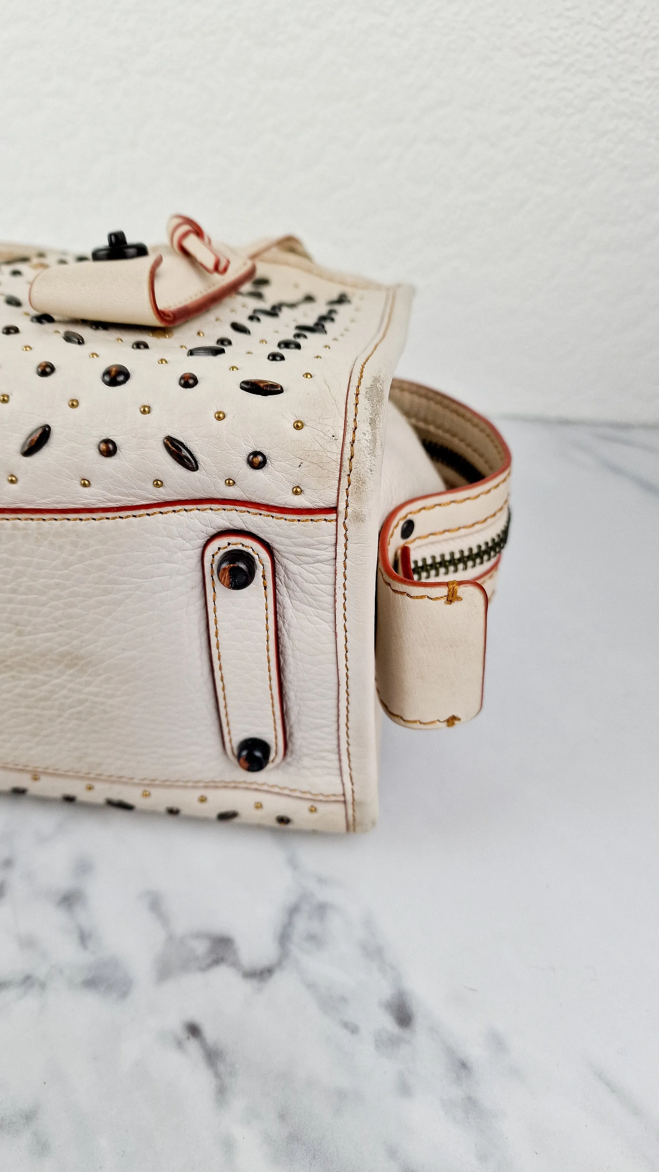 Coach 1941 Rogue 25 in Chalk White With Pyramid Prairie Rivets Pebble Leather Satchel - Coach 54551