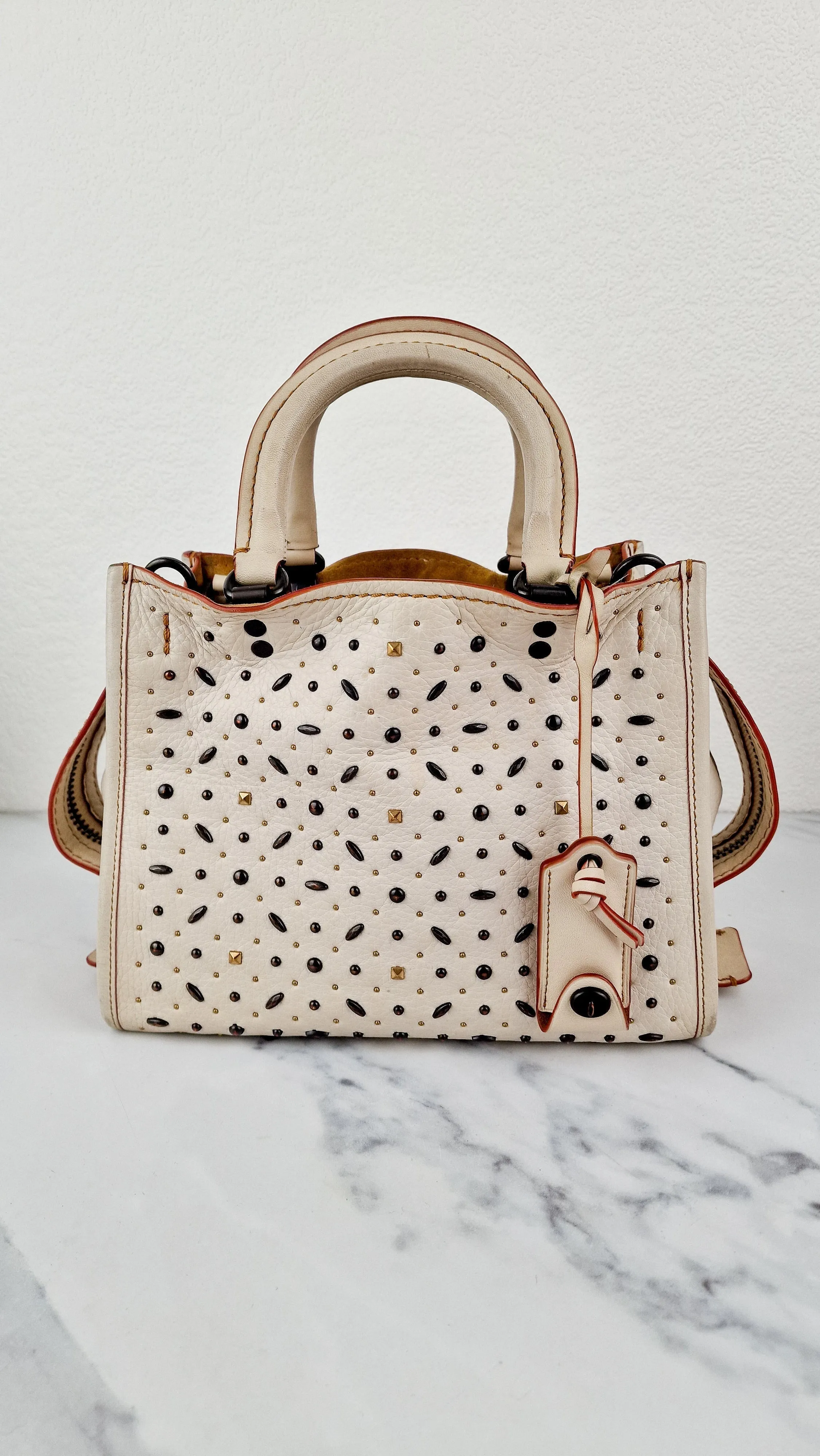 Coach 1941 Rogue 25 in Chalk White With Pyramid Prairie Rivets Pebble Leather Satchel - Coach 54551