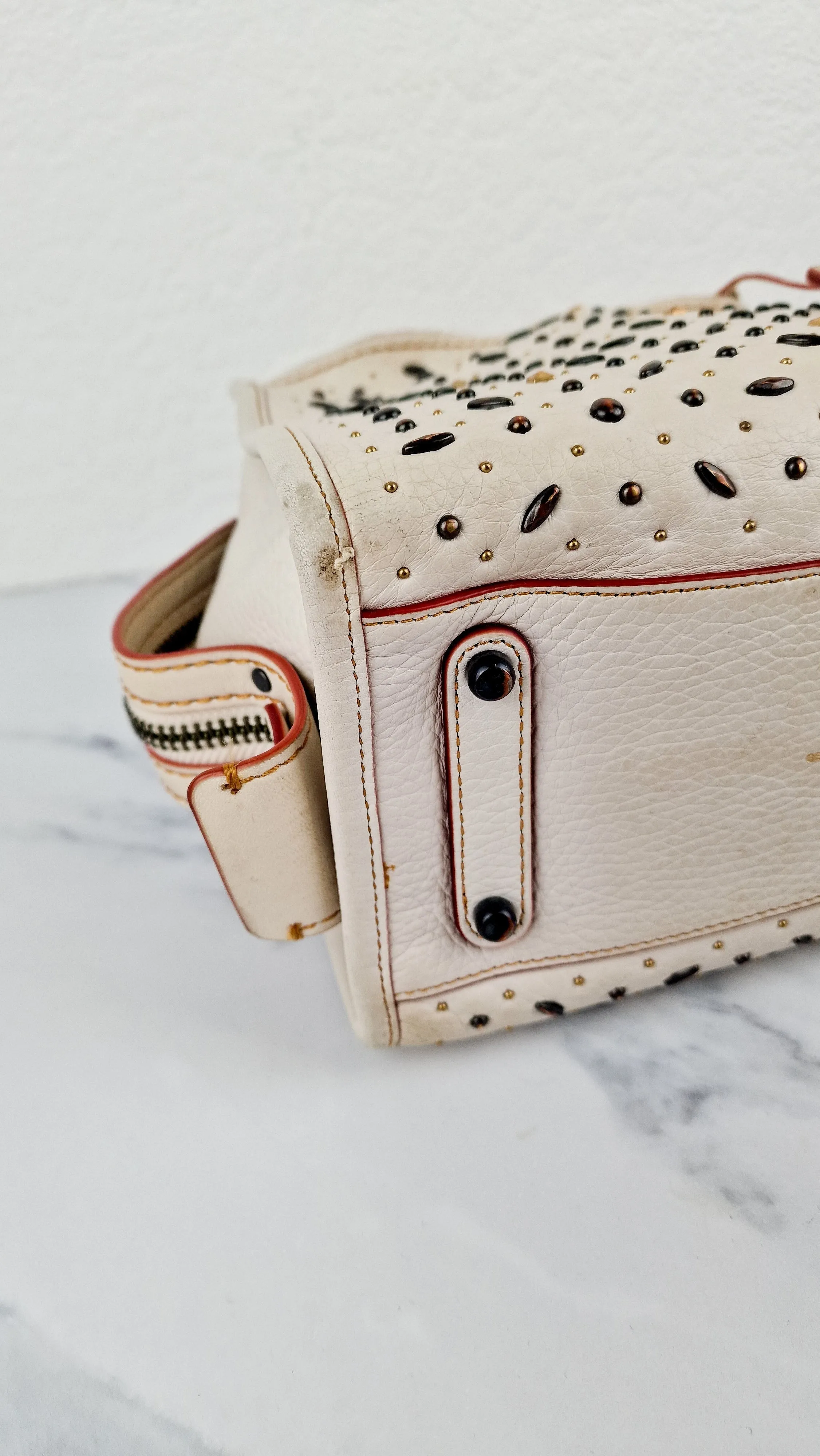 Coach 1941 Rogue 25 in Chalk White With Pyramid Prairie Rivets Pebble Leather Satchel - Coach 54551