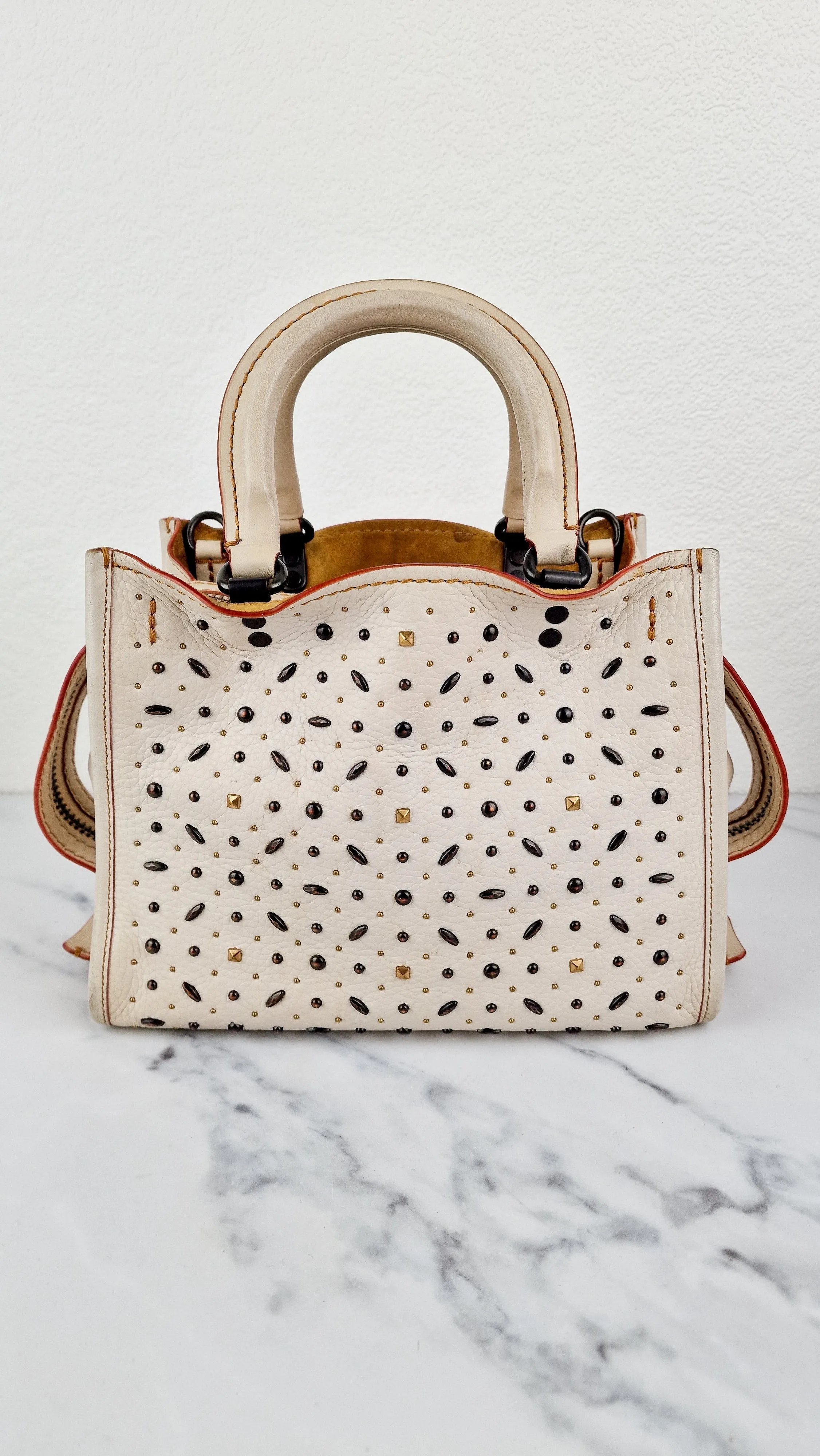 Coach 1941 Rogue 25 in Chalk White With Pyramid Prairie Rivets Pebble Leather Satchel - Coach 54551