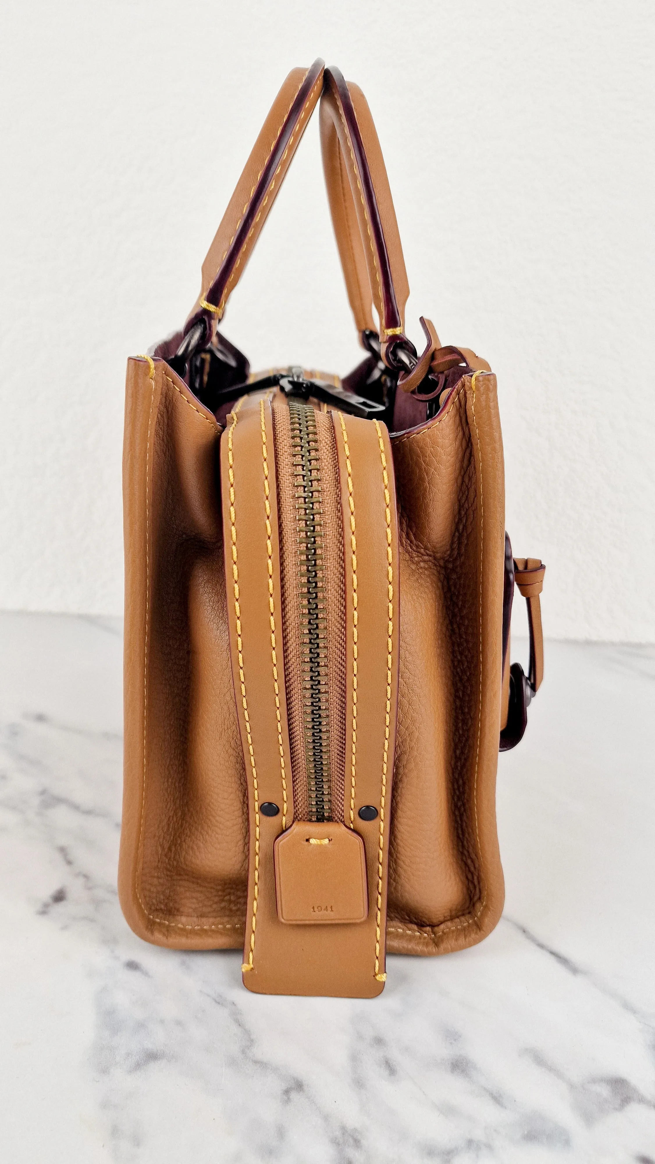Coach 1941 Rogue 25 Light Saddle Brown Leather & Burgundy Suede Handbag - Coach 54536