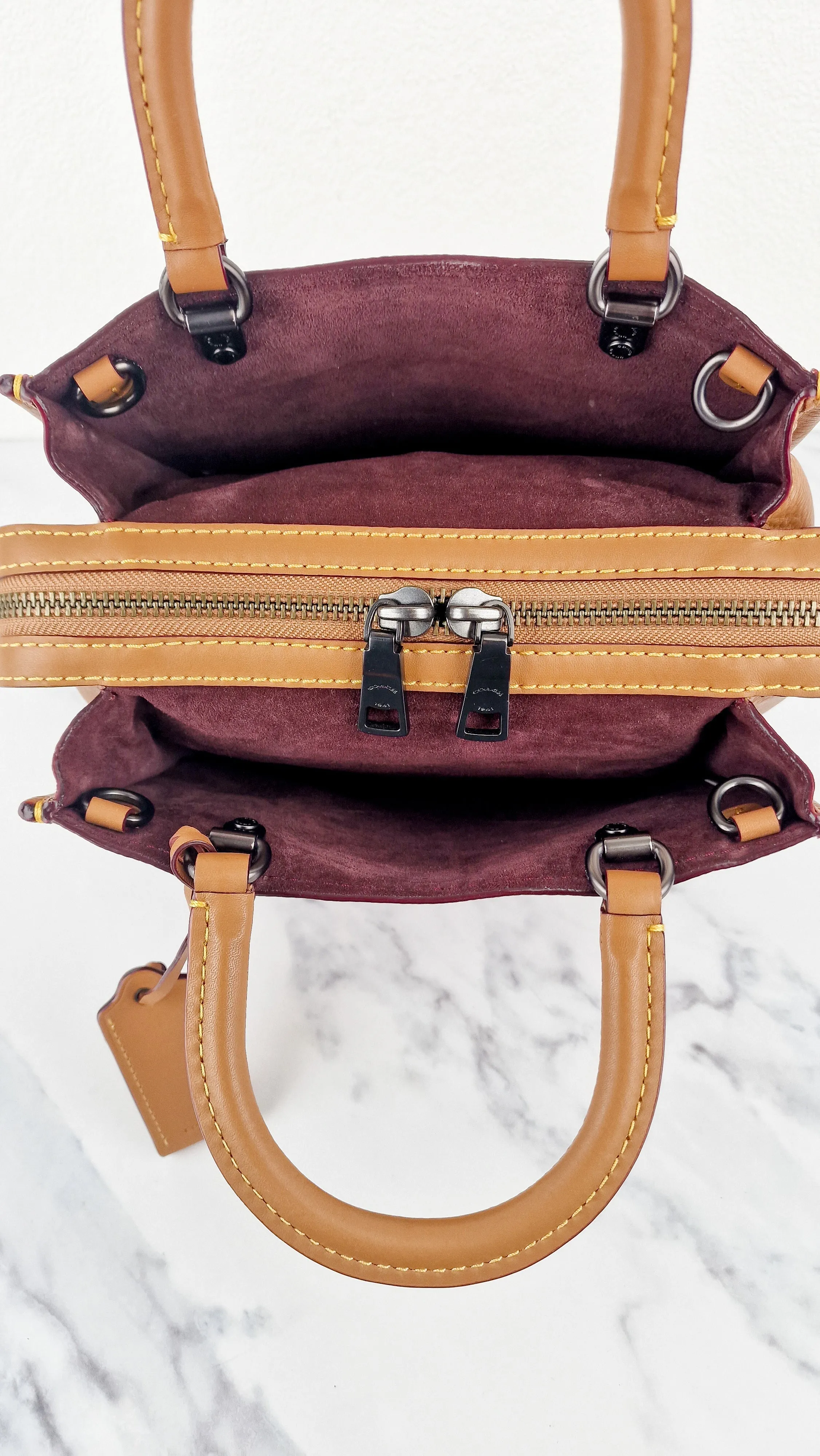 Coach 1941 Rogue 25 Light Saddle Brown Leather & Burgundy Suede Handbag - Coach 54536