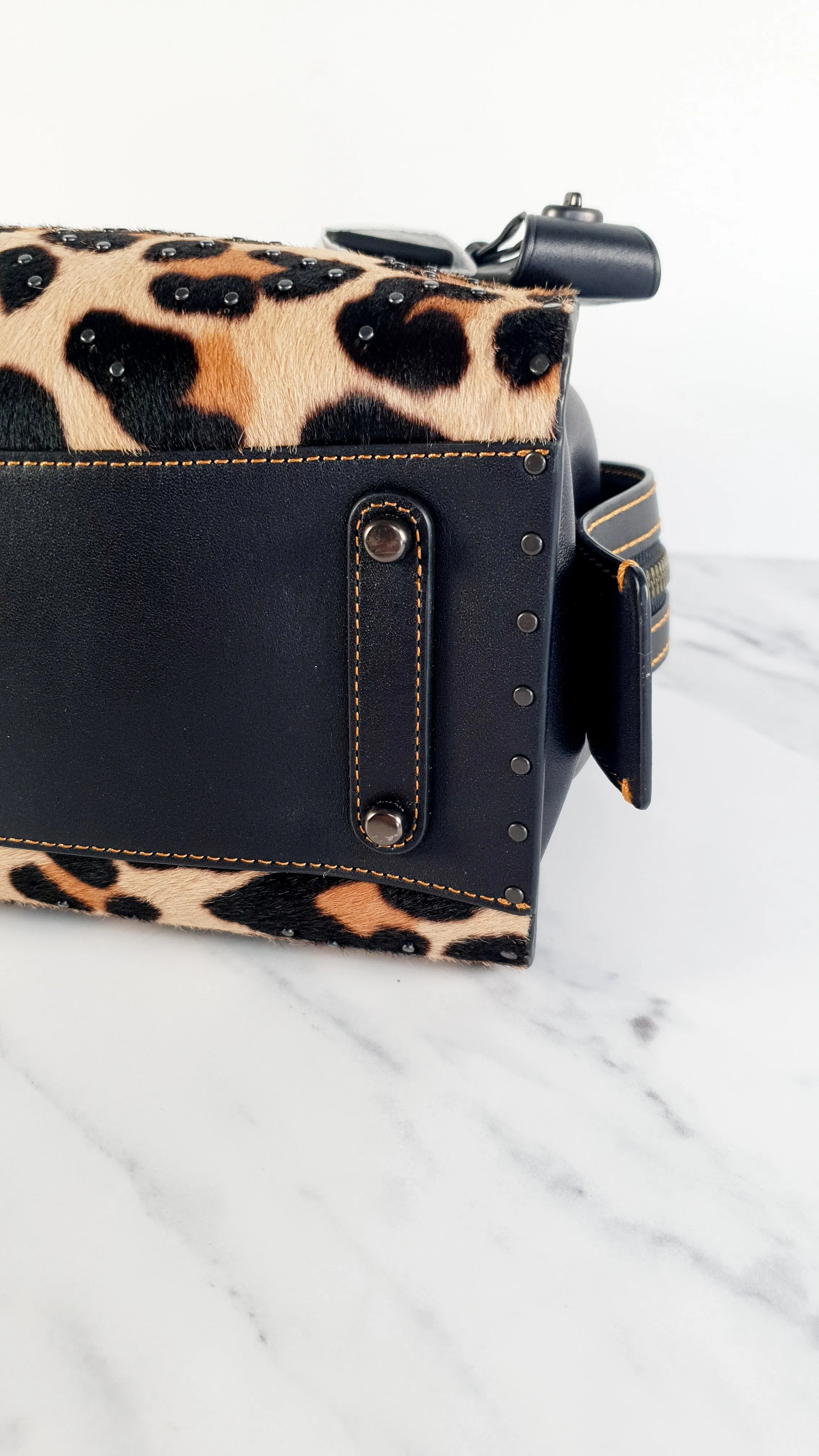 Coach 1941 Rogue 25 Wild Beast Leopard in Black With Haircalf and Rivets - Satchel Handbag Coach 32872