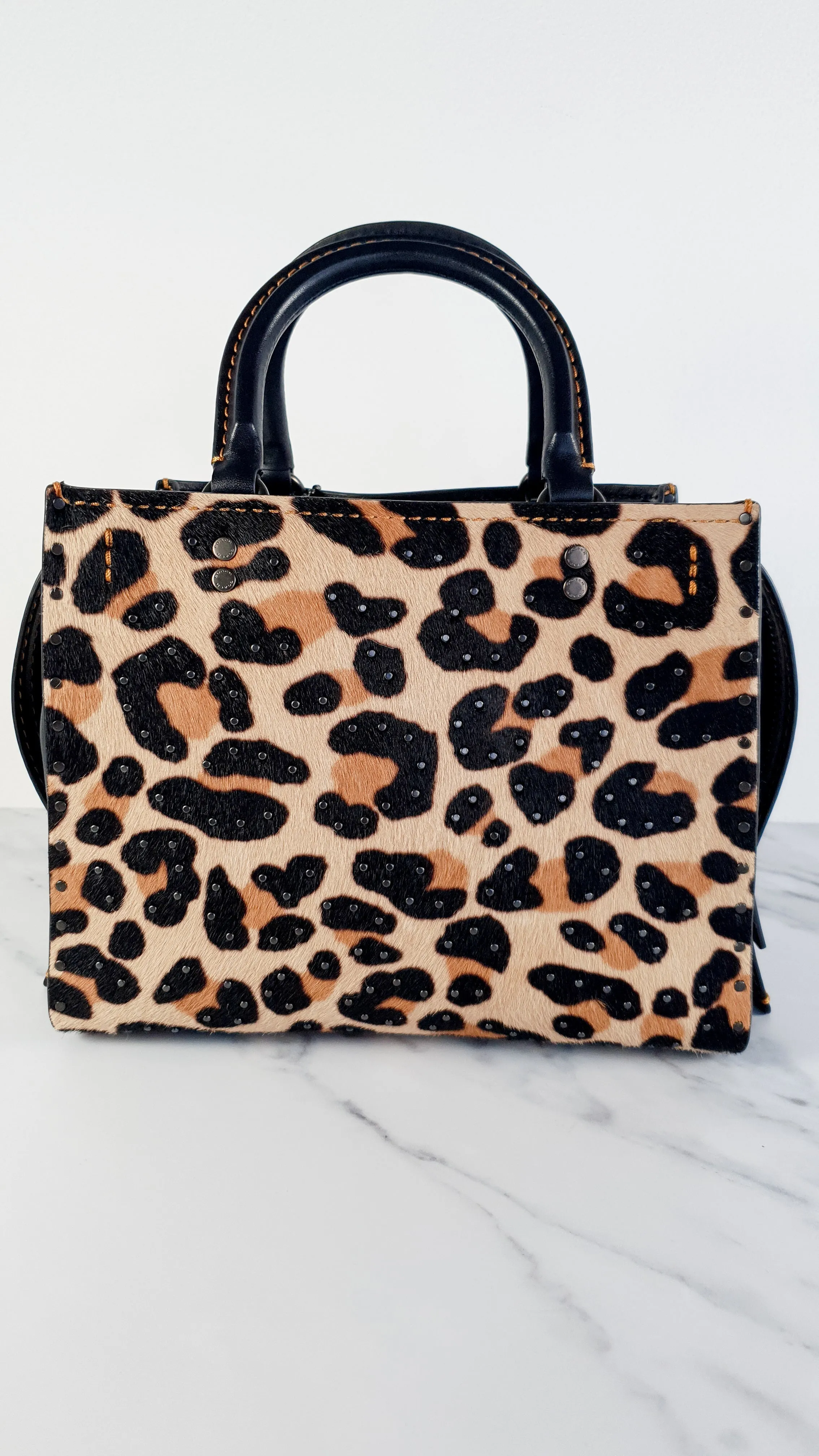 Coach 1941 Rogue 25 Wild Beast Leopard in Black With Haircalf and Rivets - Satchel Handbag Coach 32872