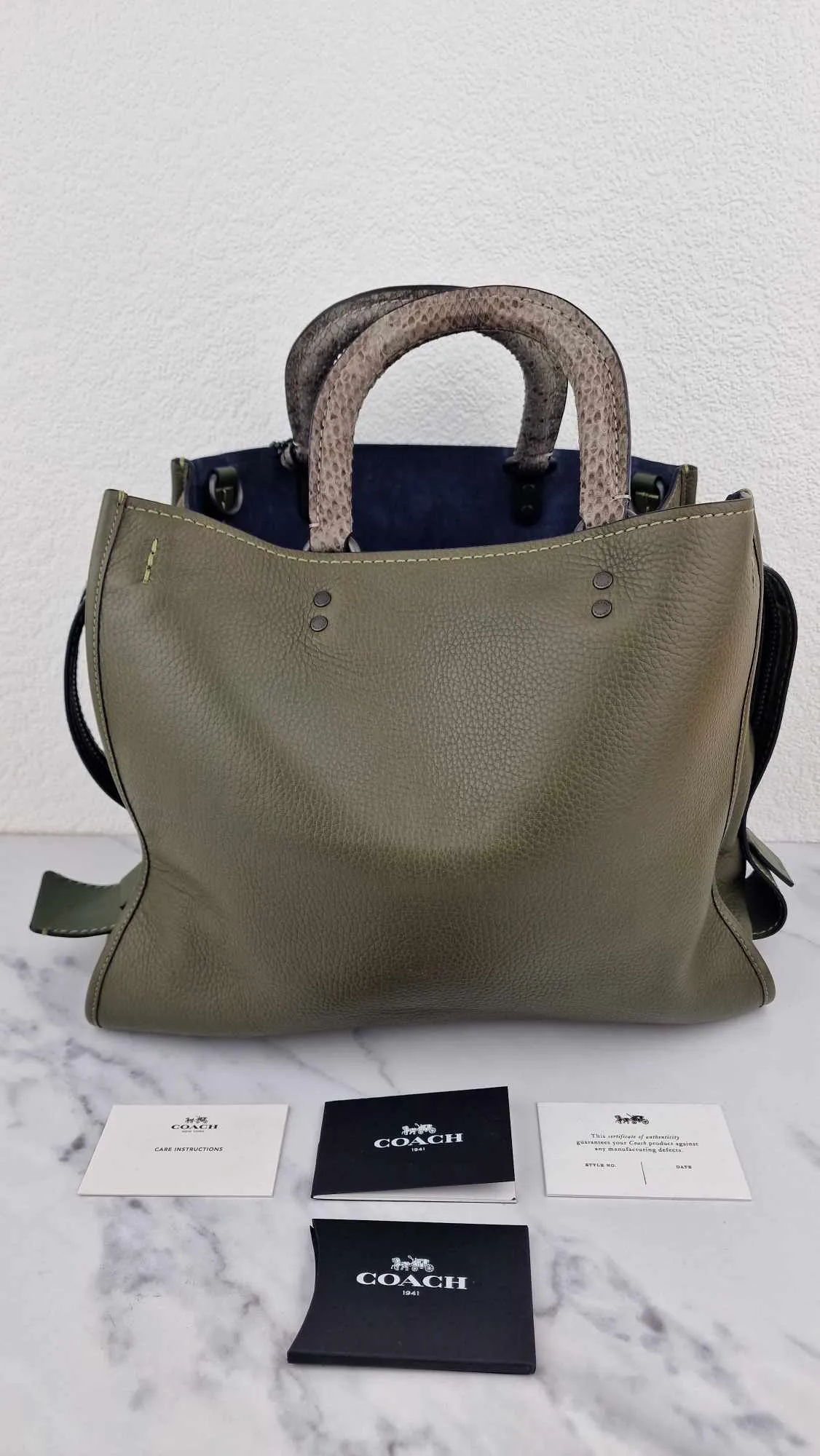 Coach 1941 Rogue 36 in Army Green Olive with Genuine Snakeskin Handles - Shoulder Bag Handbag - Coach 58965