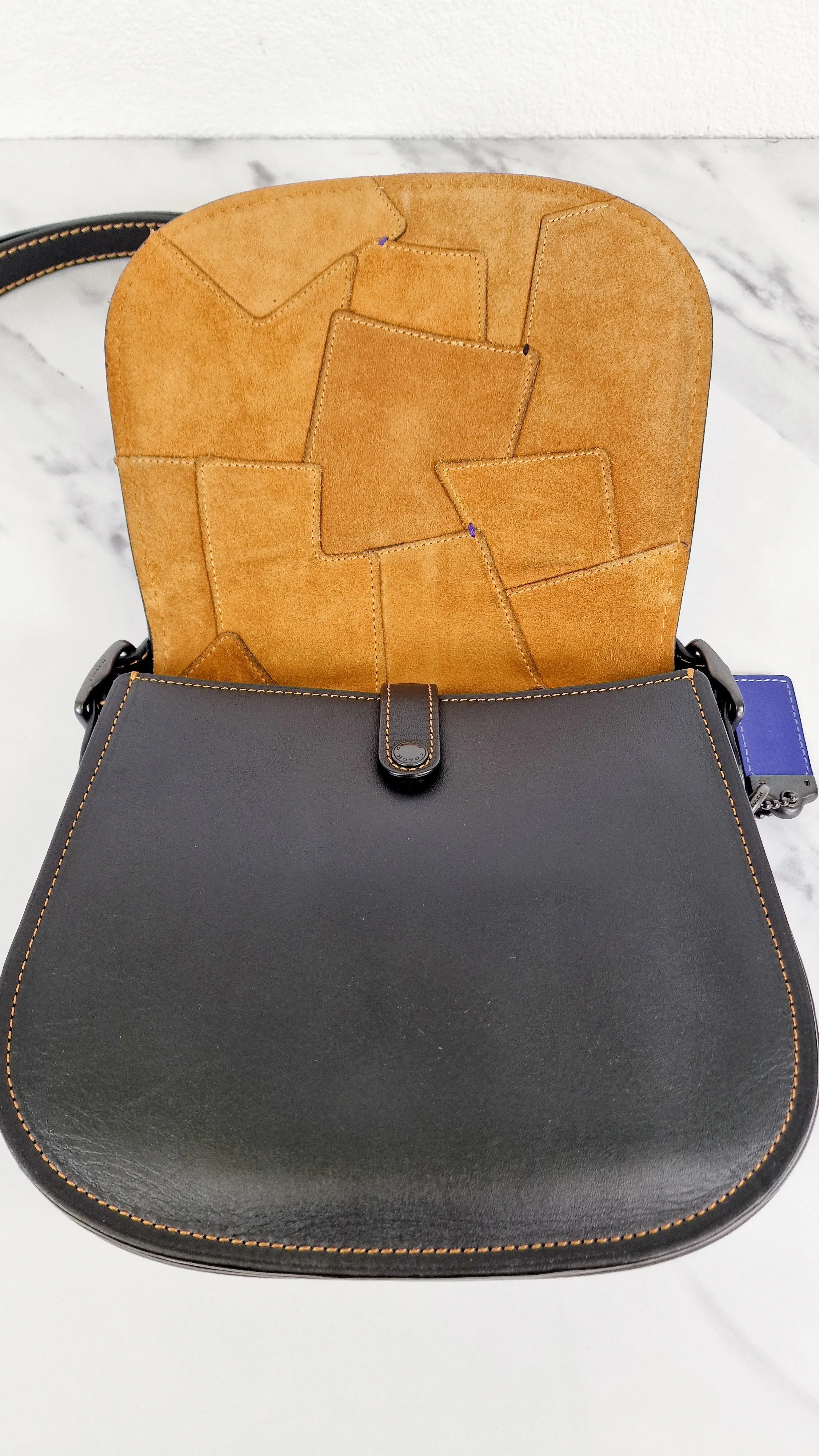Coach 1941 Saddle 23 Bag in Black Smooth Leather with Patchwork Detail - Purple Orange Crossbody Shoulder Bag Coach 56639