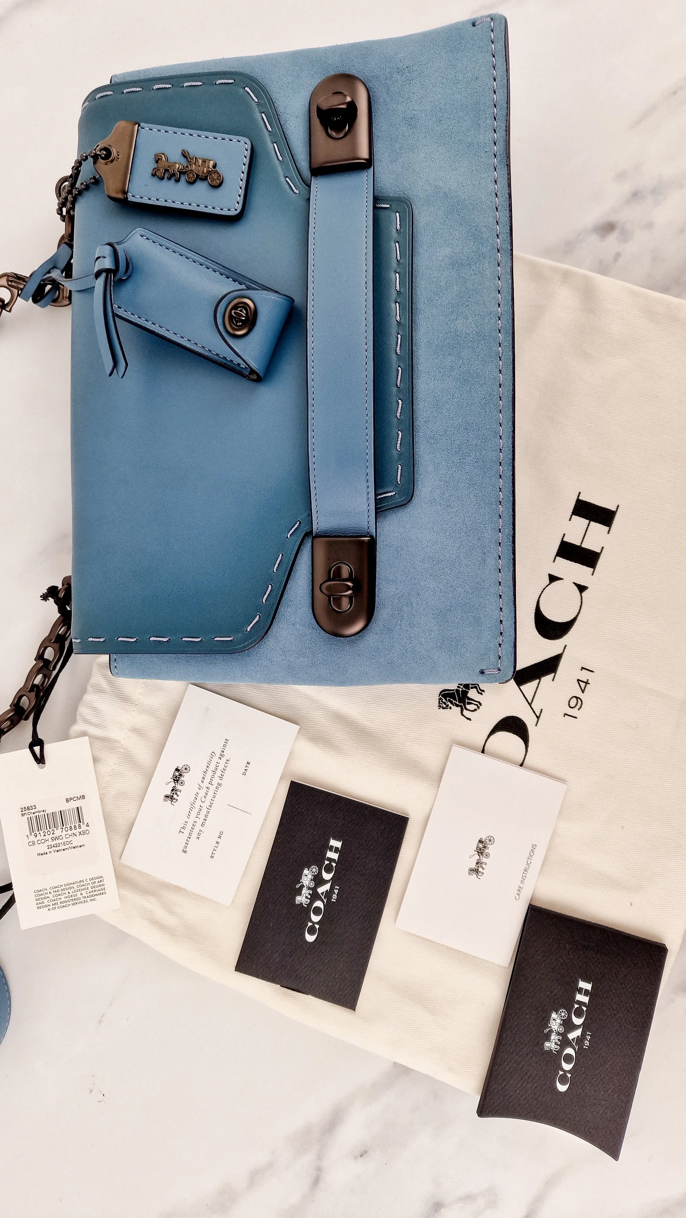 Coach 1941 Swagger Crossbody in Chambray Blue Suede & Smooth Leather - Clutch Shoulder Bag- Coach 25833