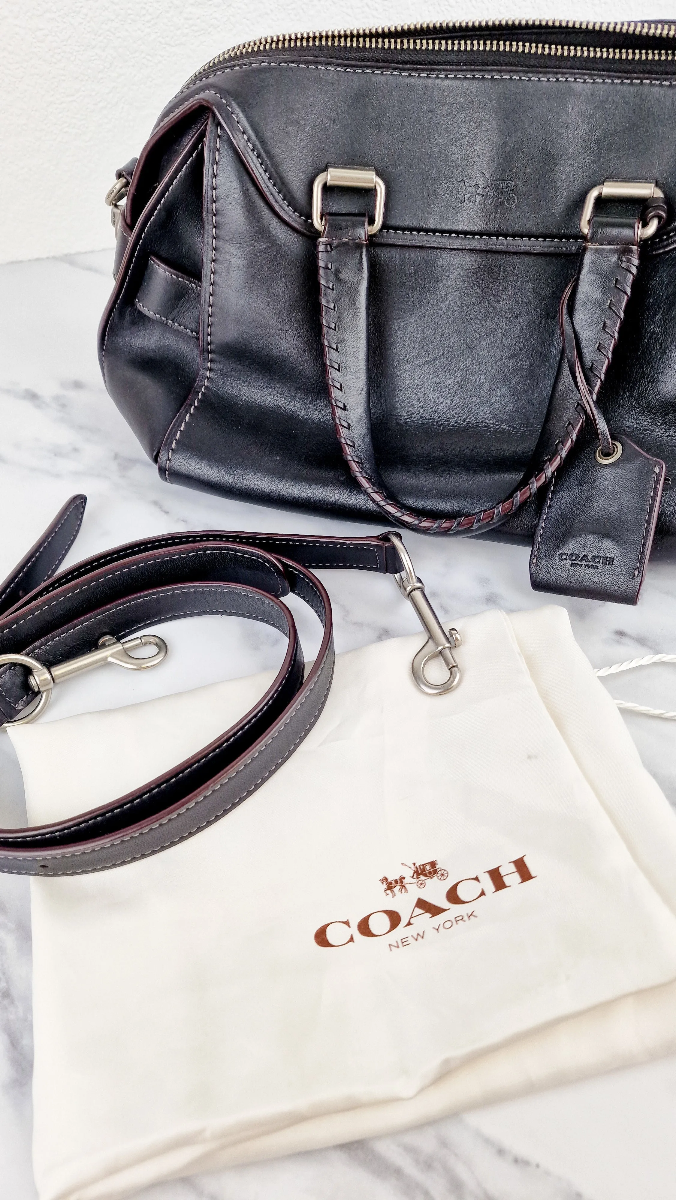 Coach Ace Satchel in Black Smooth Leather with Whipstitch Detail Handbag Crossbody - Coach 37017