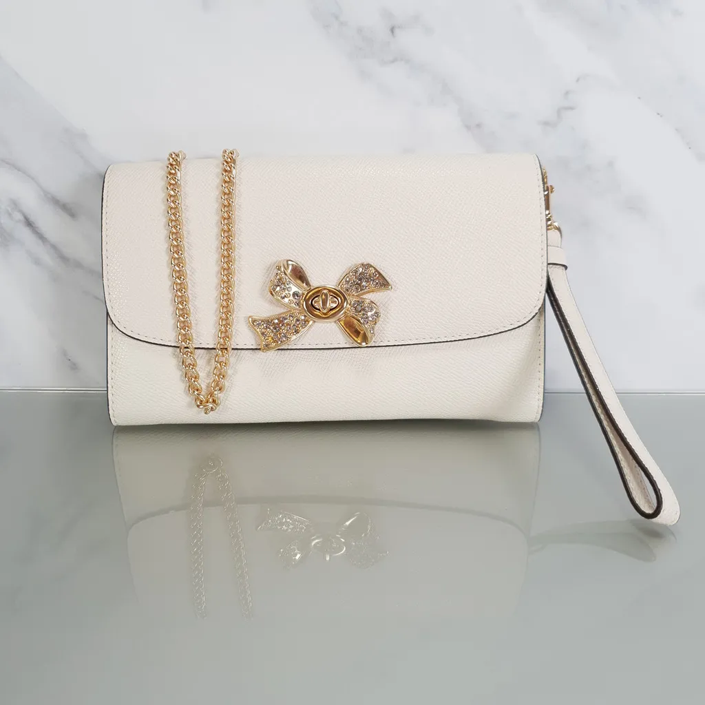 Coach Chain Crossbody Wristlet Clutch with Bow Turnlock in Chalk and Gold