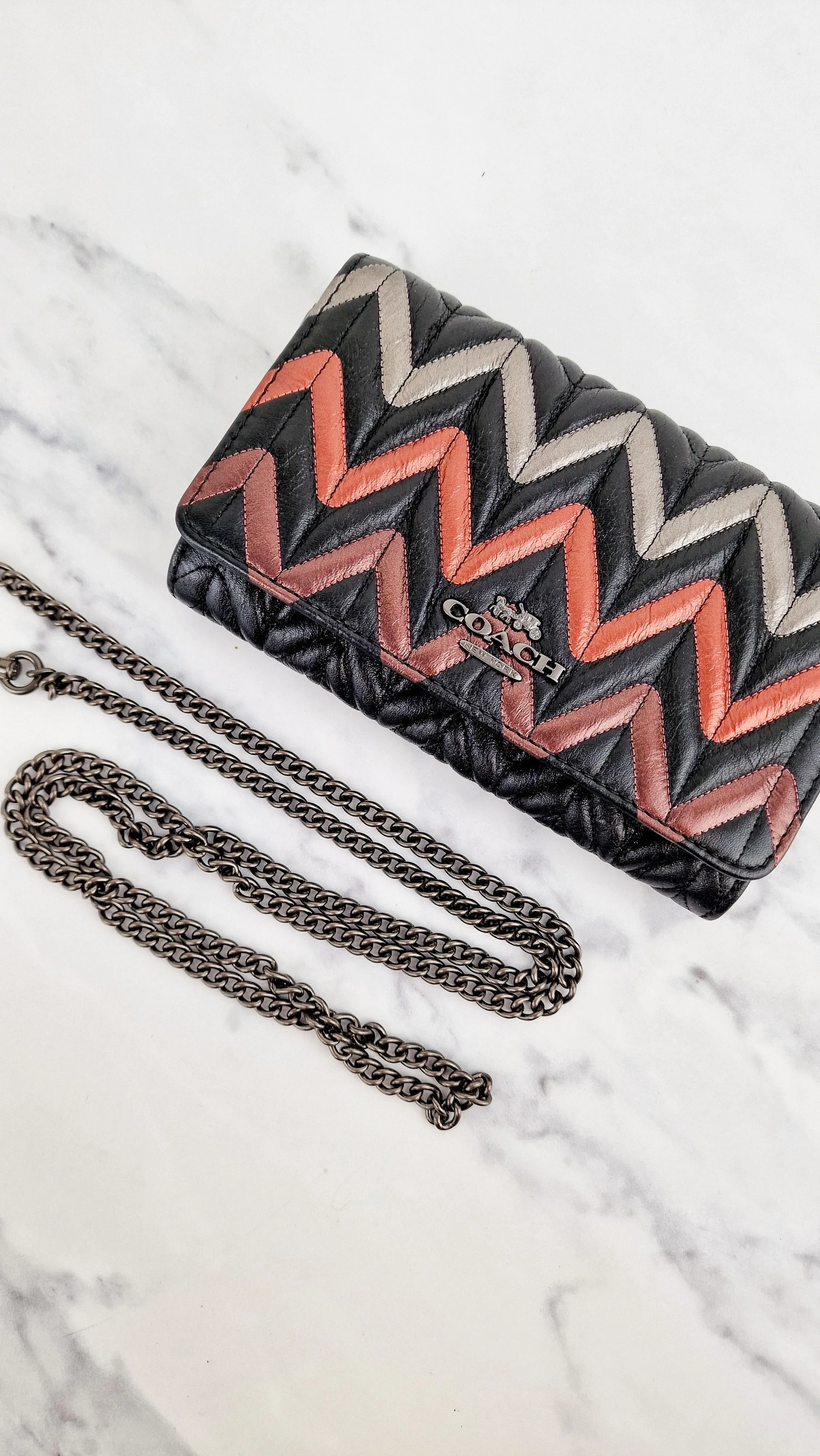 Coach Chevron Quilted Leather Crossbody Wallet Clutch Bag Black Metallic - Coach F38681