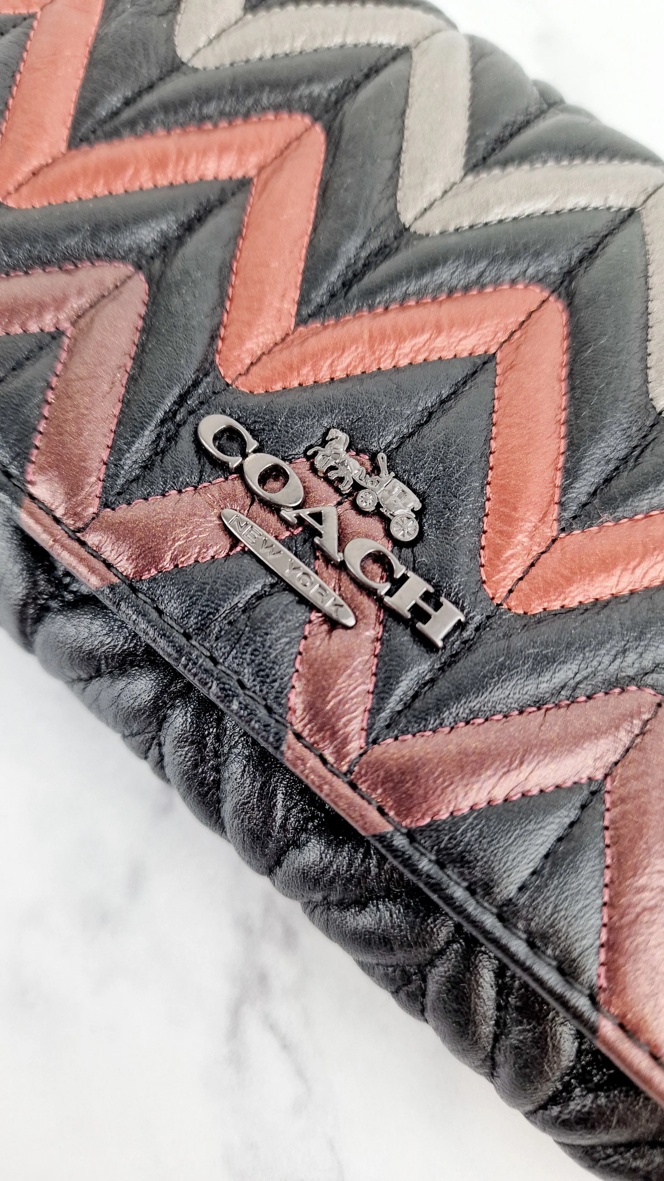 Coach Chevron Quilted Leather Crossbody Wallet Clutch Bag Black Metallic - Coach F38681
