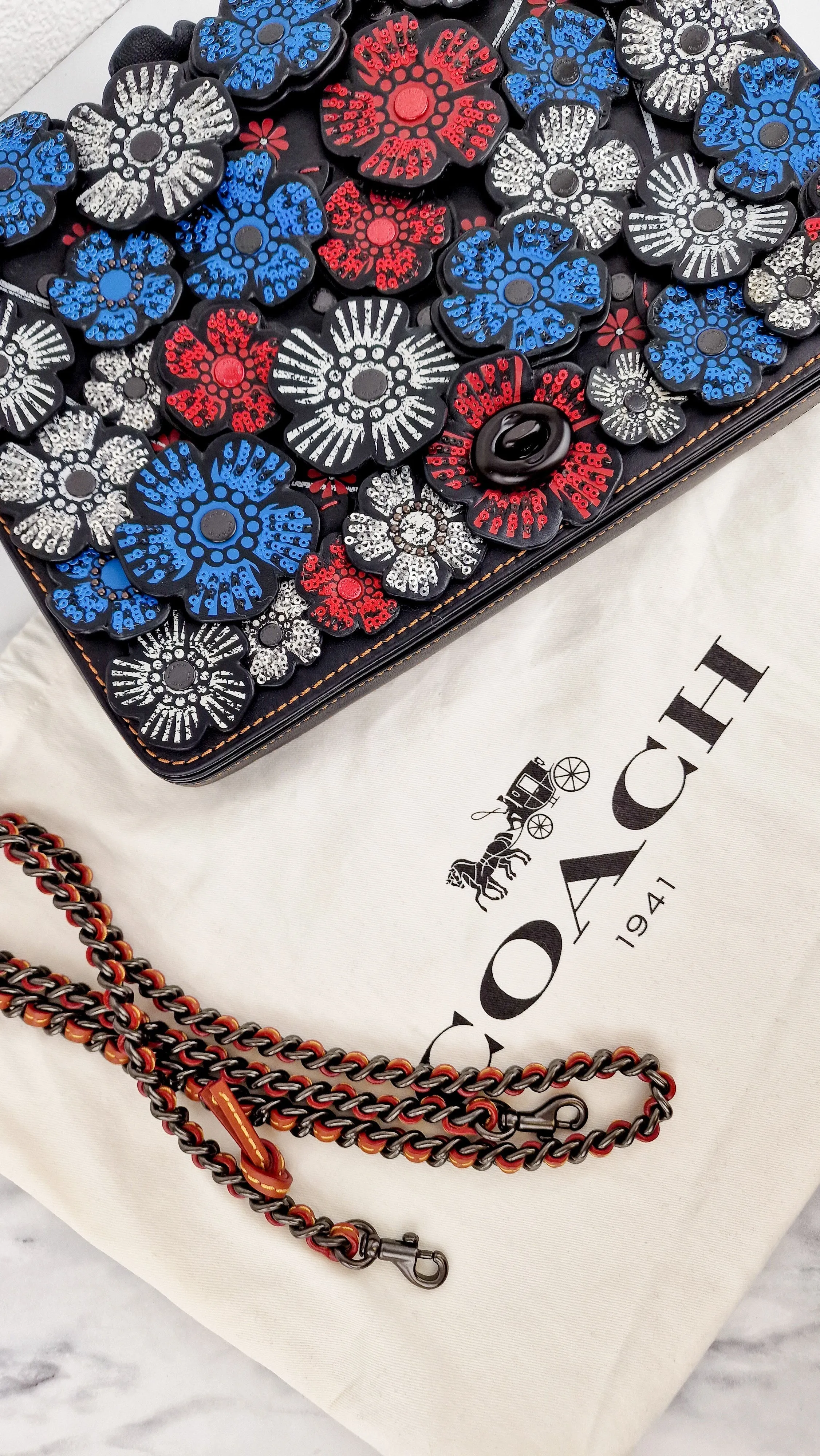 Coach Dinky 32 Tea Roses Blue & Red 1941 Black Leather Crossbody Shoulder Bag - Coach 58435