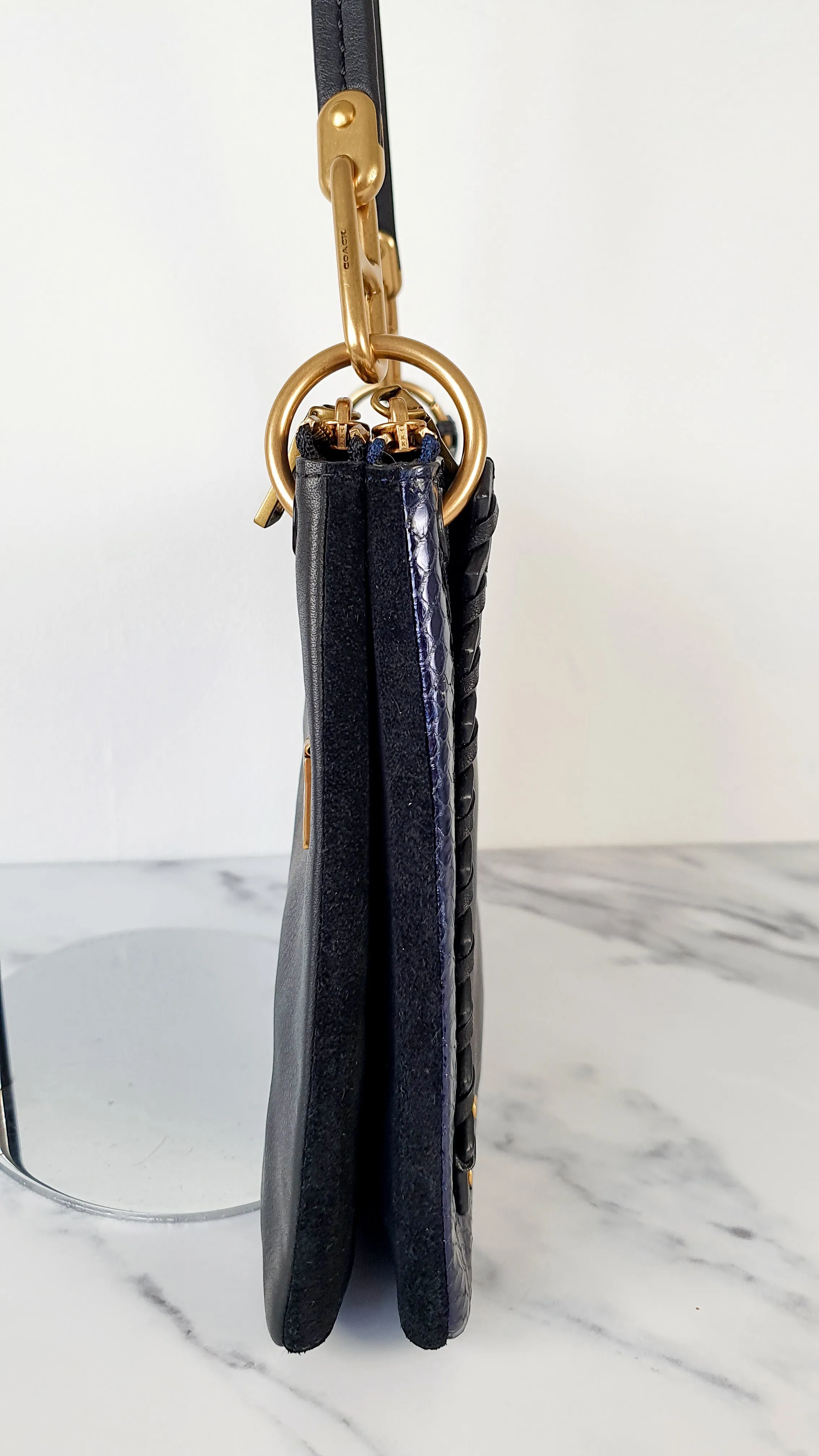 Coach Dreamer Shoulder Bag Crossbody in Black and Blue with Whipstitch and Snakeskin - Mixed Leather & Suede - Sample Bag