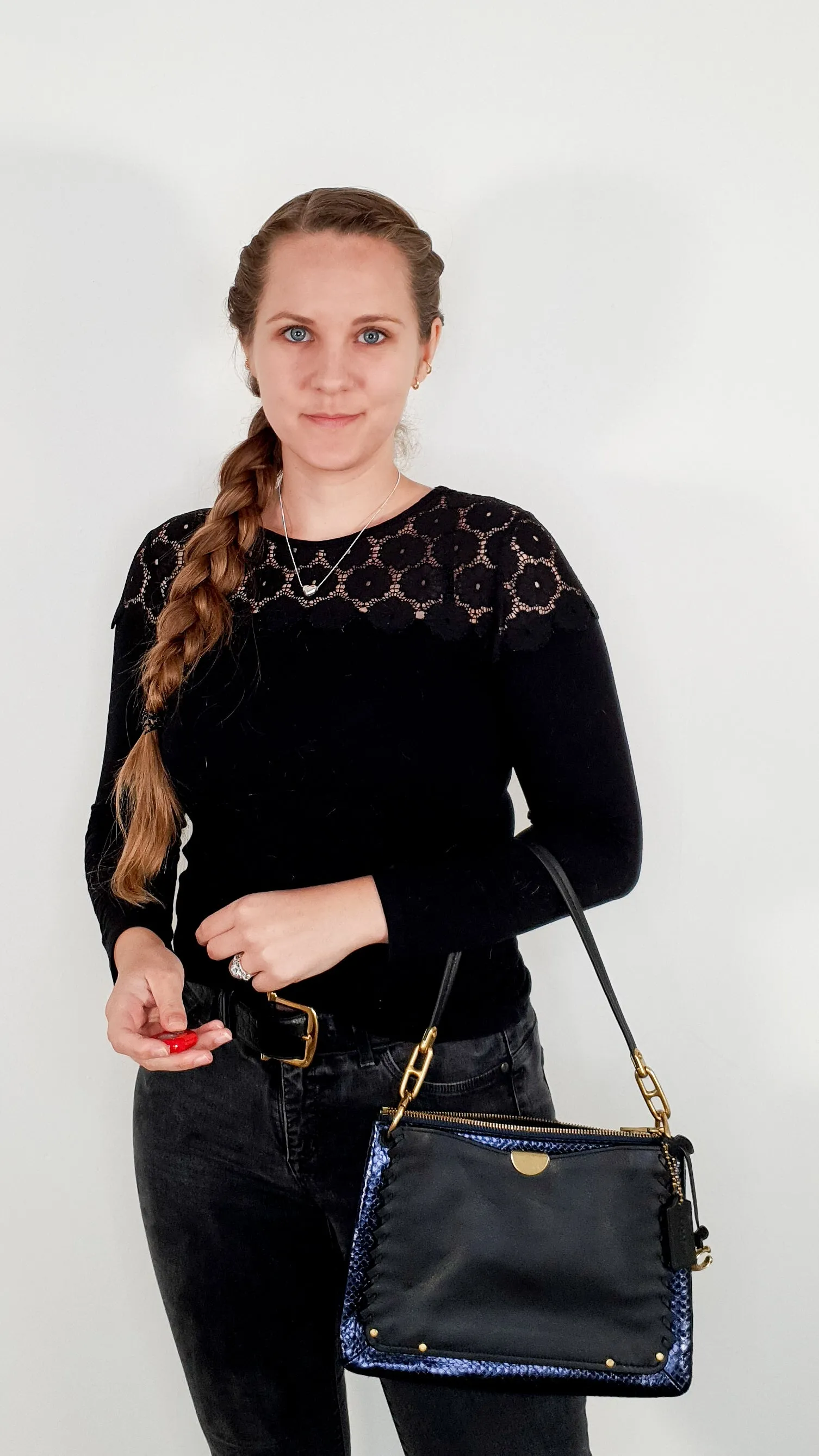 Coach Dreamer Shoulder Bag Crossbody in Black and Blue with Whipstitch and Snakeskin - Mixed Leather & Suede - Sample Bag