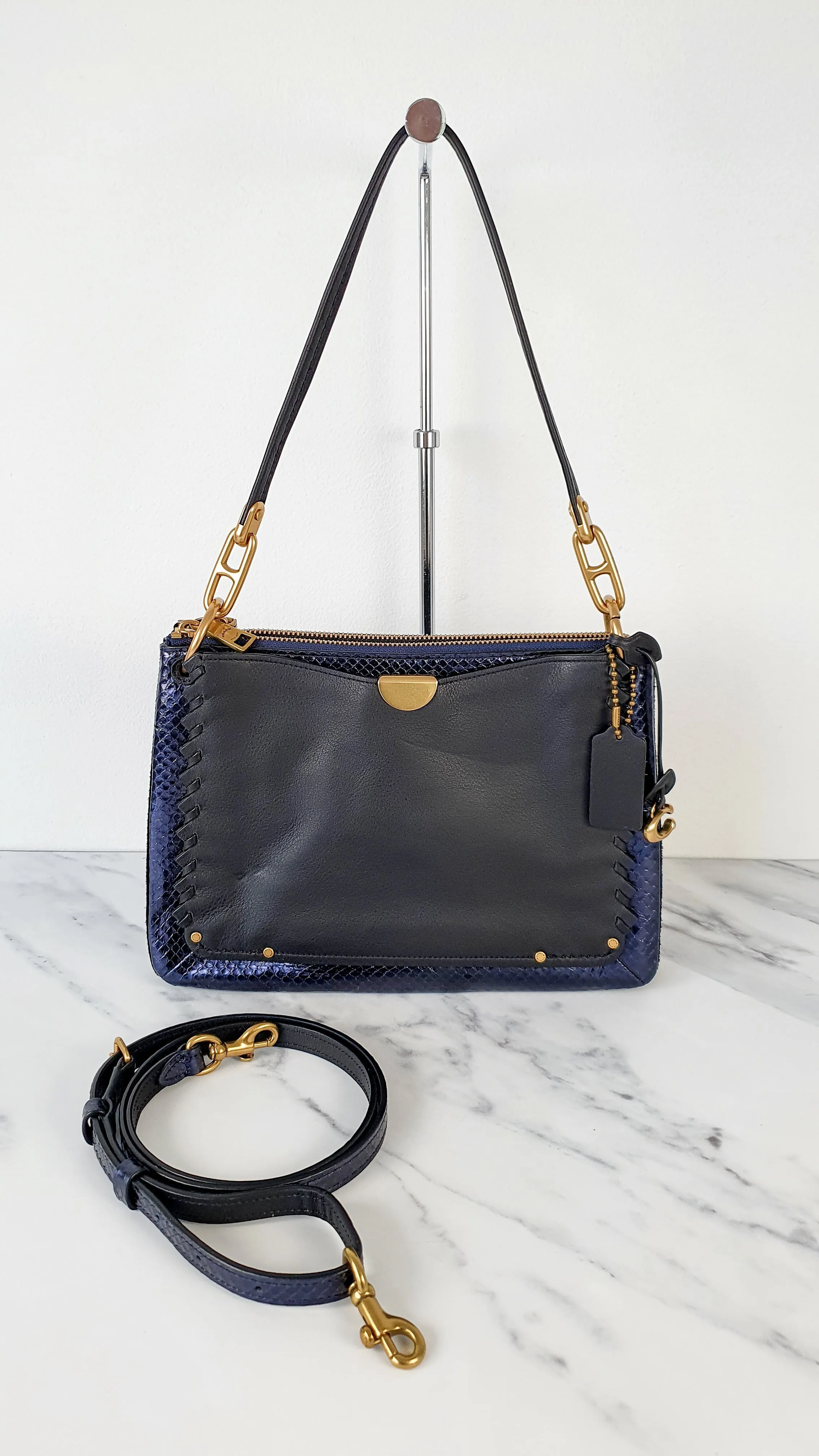 Coach Dreamer Shoulder Bag Crossbody in Black and Blue with Whipstitch and Snakeskin - Mixed Leather & Suede - Sample Bag