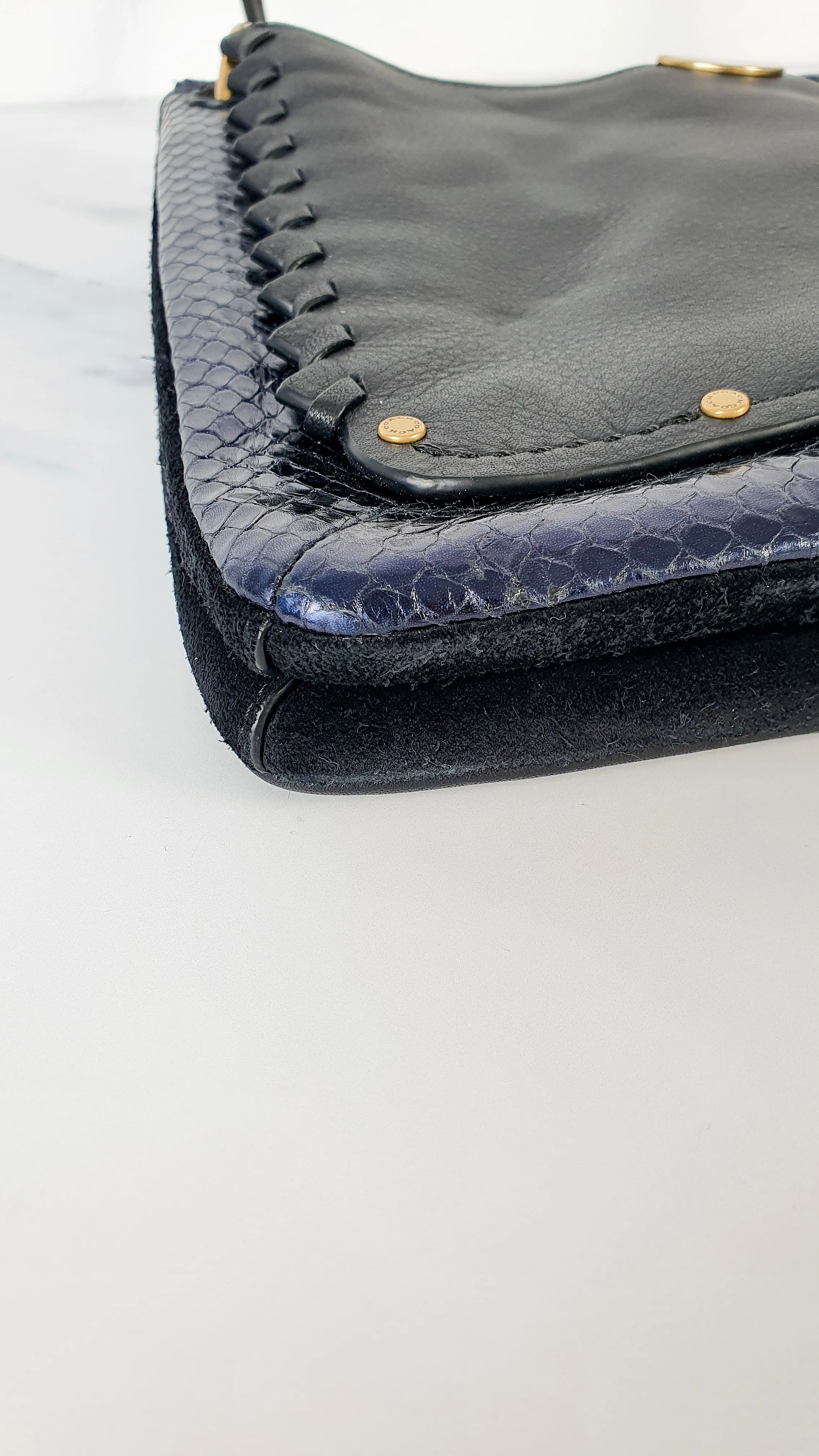 Coach Dreamer Shoulder Bag Crossbody in Black and Blue with Whipstitch and Snakeskin - Mixed Leather & Suede - Sample Bag