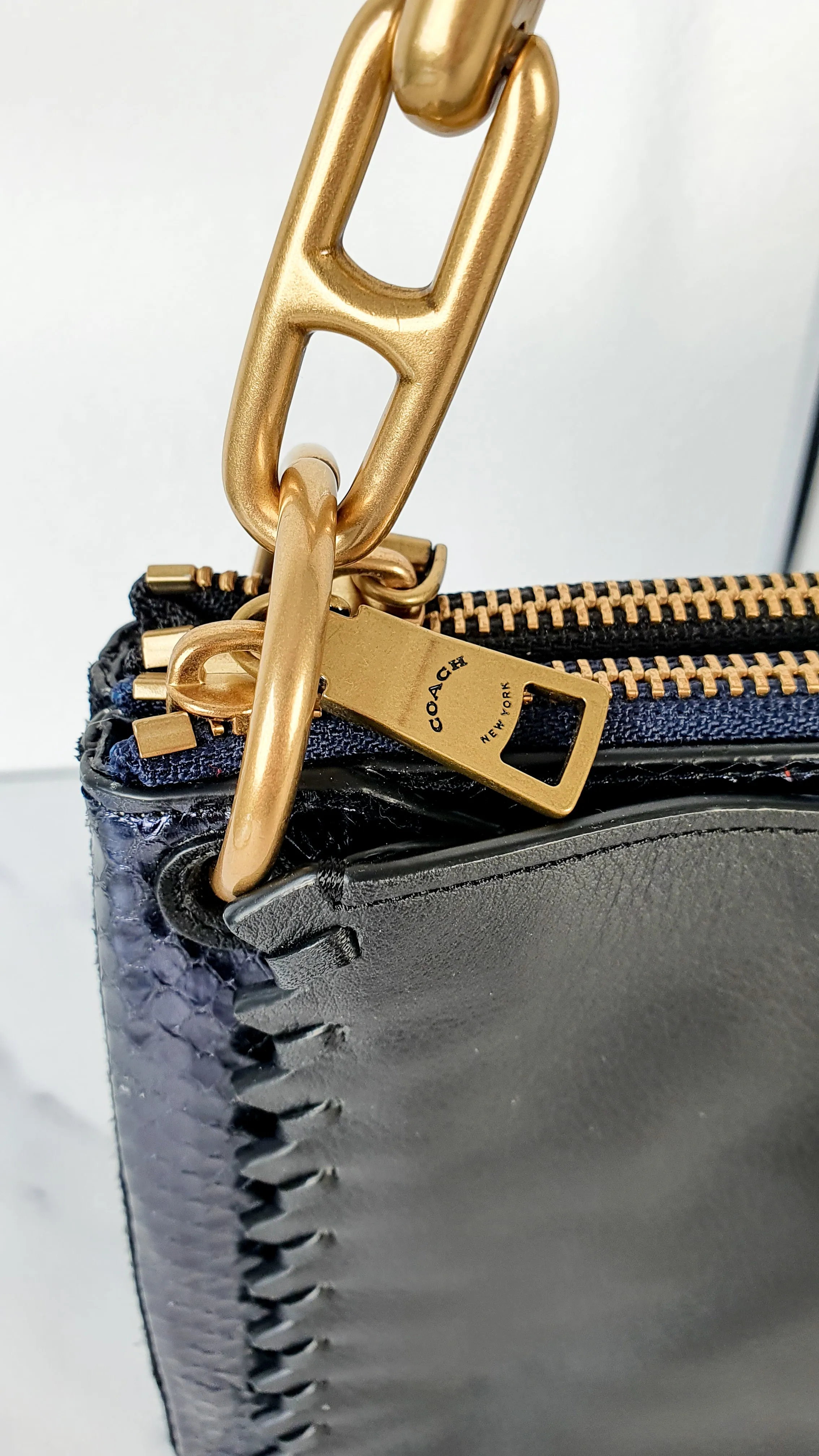 Coach Dreamer Shoulder Bag Crossbody in Black and Blue with Whipstitch and Snakeskin - Mixed Leather & Suede - Sample Bag